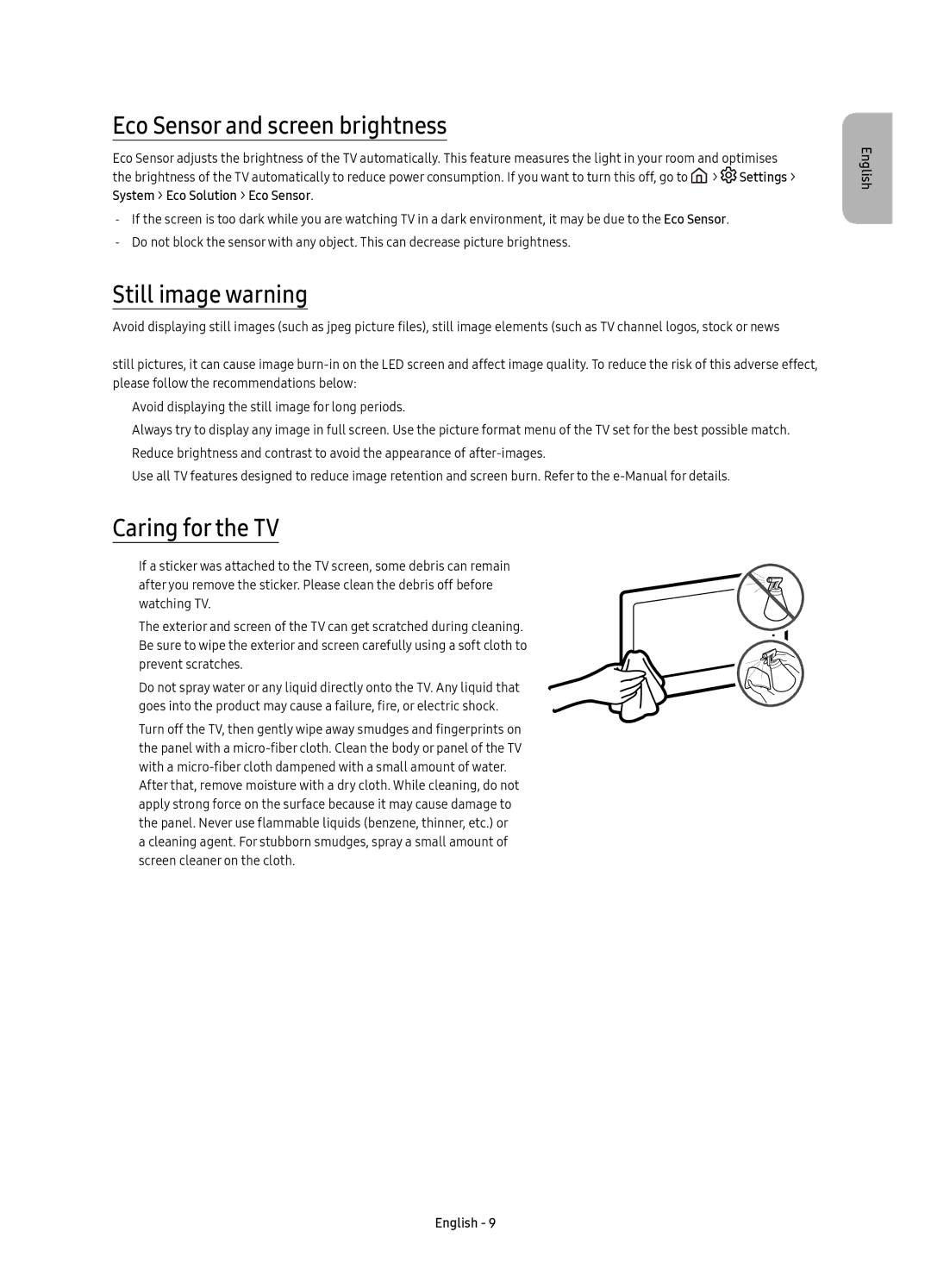 Samsung UE55KS7500UXXC, UE65KS7500UXXC manual Eco Sensor and screen brightness, Still image warning, Caring for the TV 