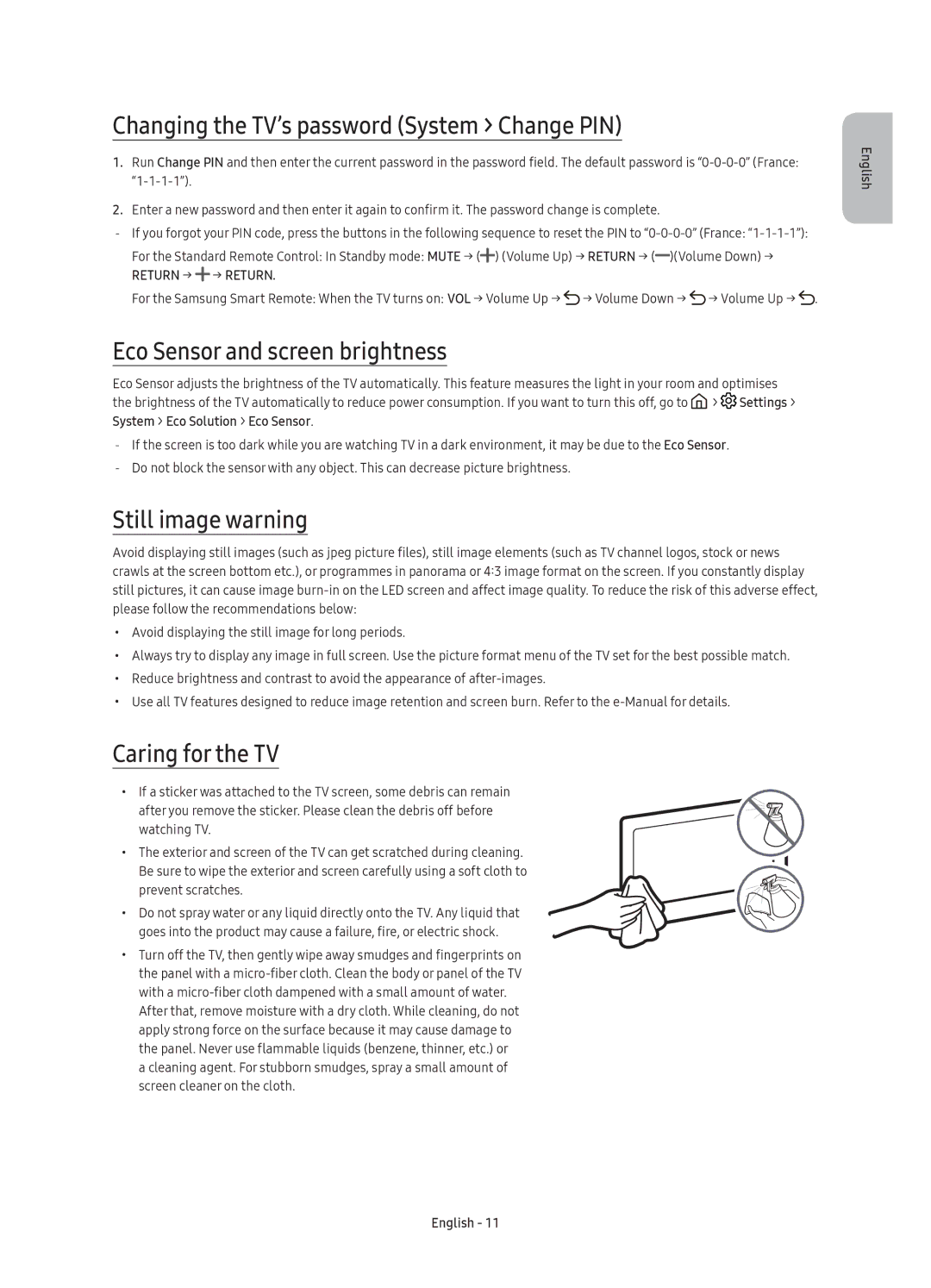 Samsung UE65KS7500UXZF Changing the TV’s password System Change PIN, Eco Sensor and screen brightness, Still image warning 