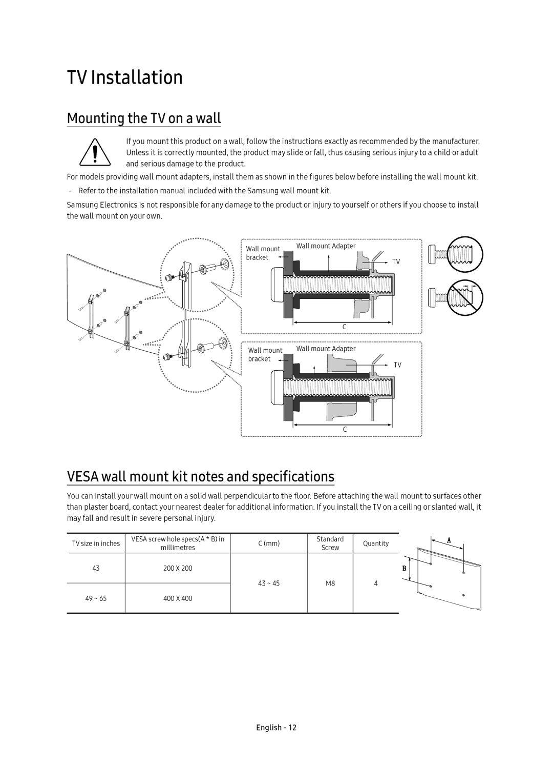 Samsung UE55KS7500UXZF manual TV Installation, Mounting the TV on a wall, Vesa wall mount kit notes and specifications 