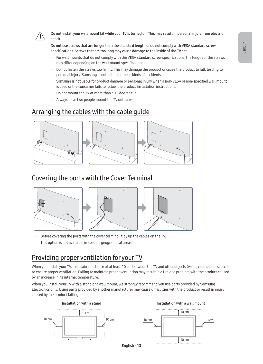 Samsung UE43KS7500UXZF, UE65KS7500UXXC, UE65KS7500UXZF, UE55KS7500UXZF manual Providing proper ventilation for your TV 