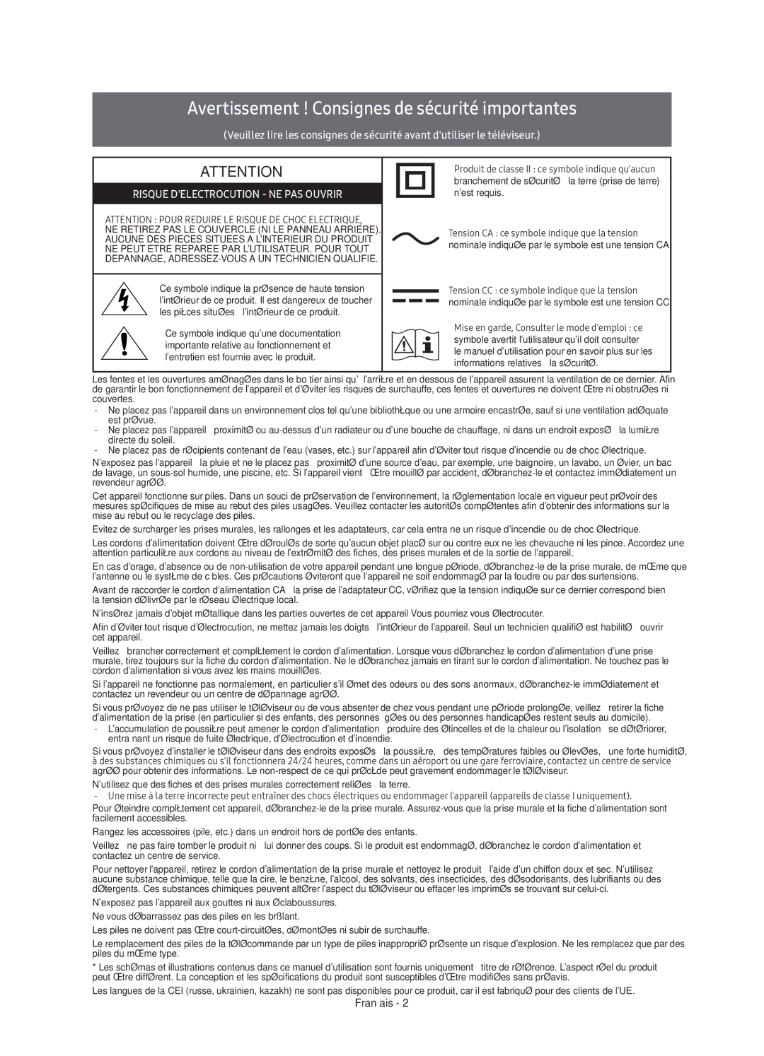 Samsung UE43KS7500UXZF, UE65KS7500UXXC, UE65KS7500UXZF, UE55KS7500UXZF Avertissement ! Consignes de sécurité importantes 