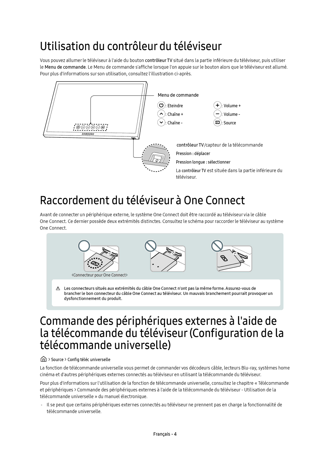 Samsung UE65KS7500UXXC, UE65KS7500UXZF Utilisation du contrôleur du téléviseur, Raccordement du téléviseur à One Connect 