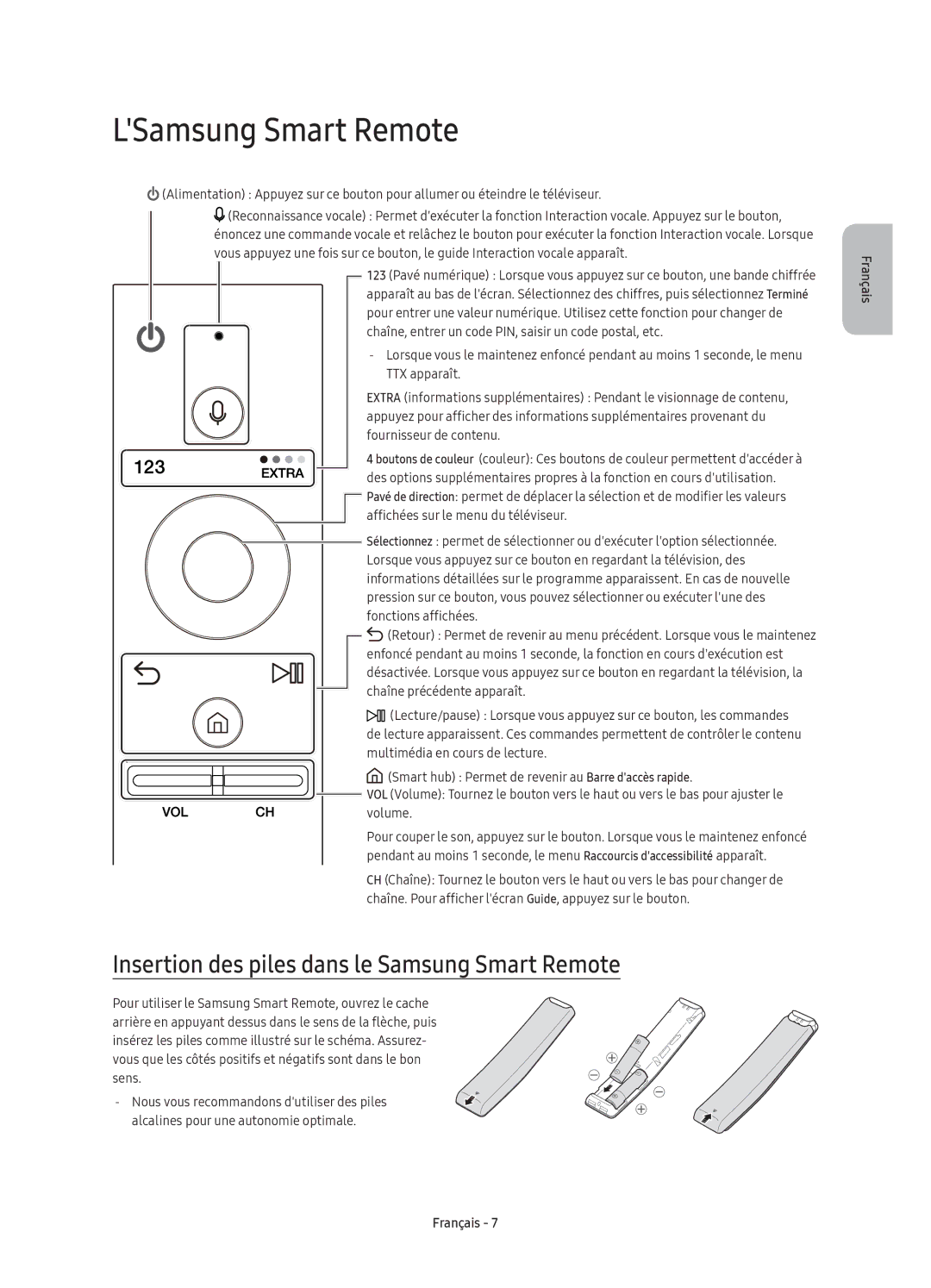 Samsung UE43KS7500UXZF, UE65KS7500UXXC manual LSamsung Smart Remote, Insertion des piles dans le Samsung Smart Remote 