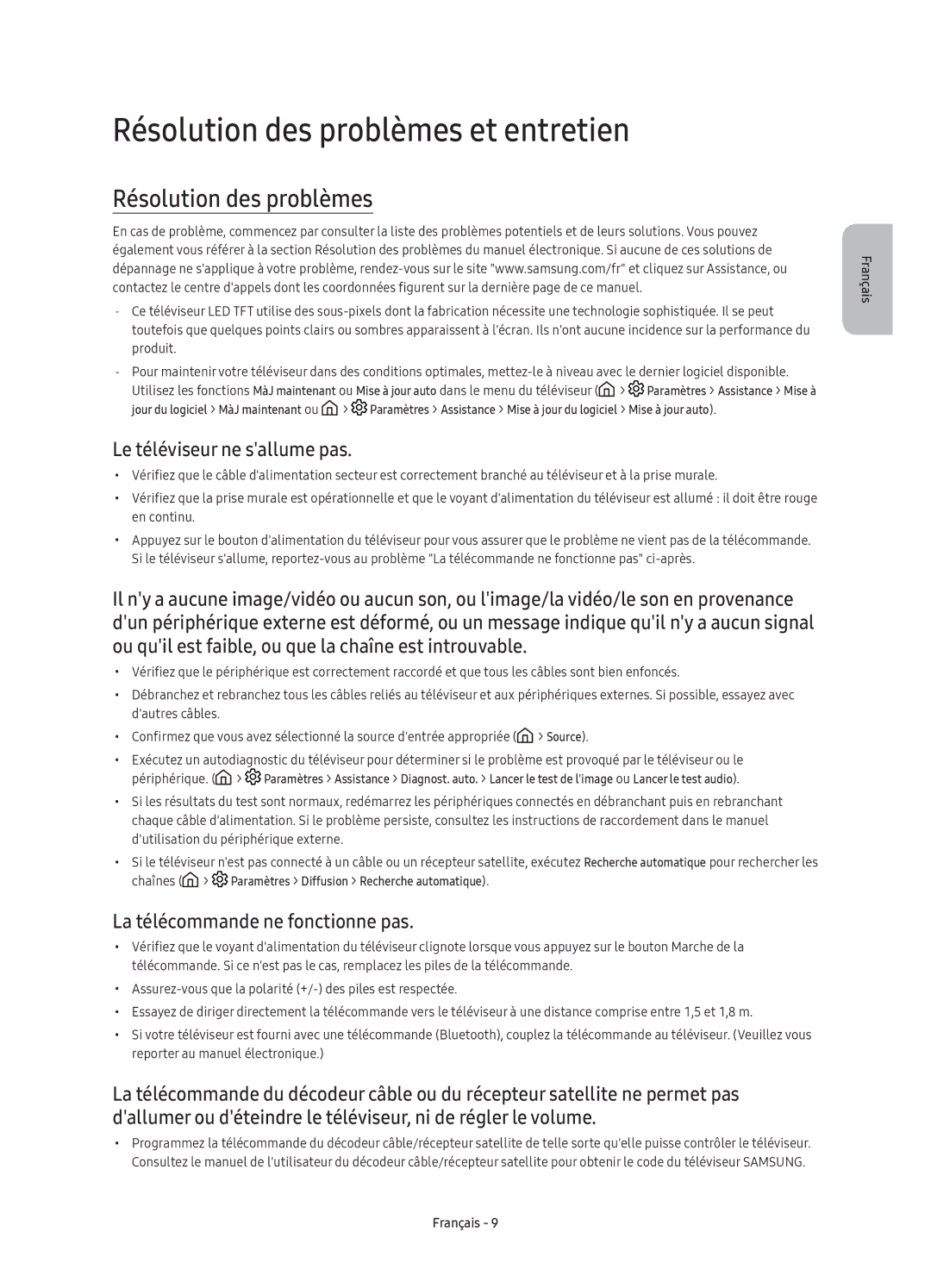 Samsung UE65KS7500UXXC, UE65KS7500UXZF, UE55KS7500UXZF Résolution des problèmes et entretien, Le téléviseur ne sallume pas 