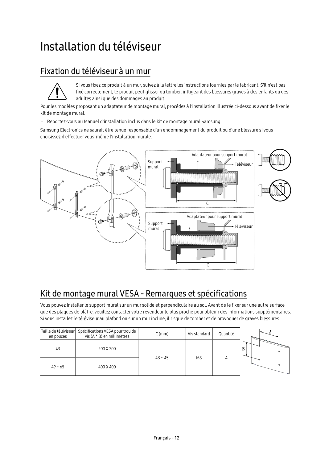 Samsung UE43KS7500UXZF, UE65KS7500UXXC, UE65KS7500UXZF manual Installation du téléviseur, Fixation du téléviseur à un mur 