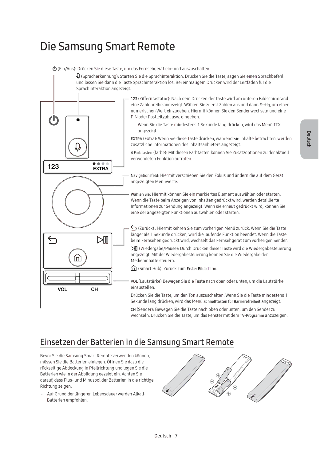 Samsung UE49KS7500UXZF, UE65KS7500UXXC manual Die Samsung Smart Remote, Einsetzen der Batterien in die Samsung Smart Remote 