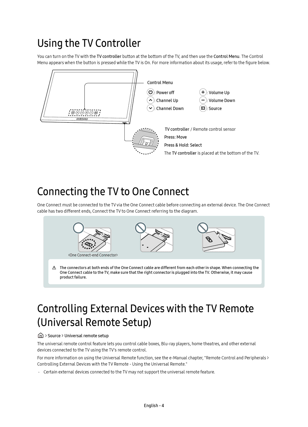 Samsung UE49KS7500UXZF, UE65KS7500UXXC, UE65KS7500UXZF manual Using the TV Controller, Connecting the TV to One Connect 