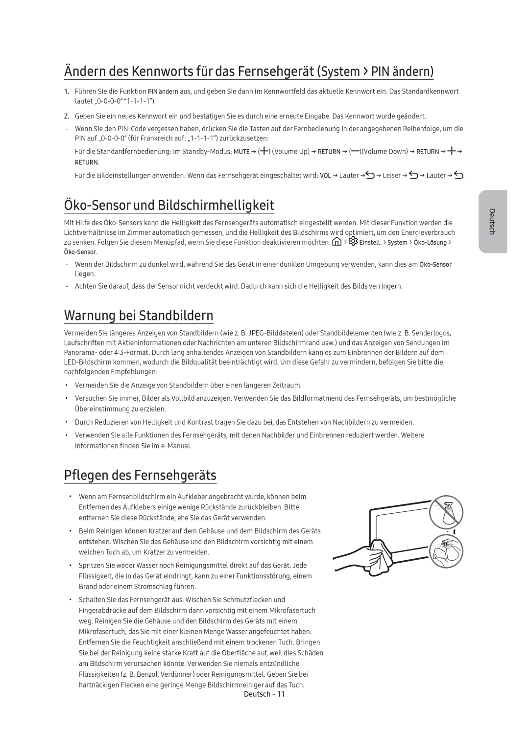 Samsung UE43KS7500UXZF manual Öko-Sensor und Bildschirmhelligkeit, Warnung bei Standbildern, Pflegen des Fernsehgeräts 