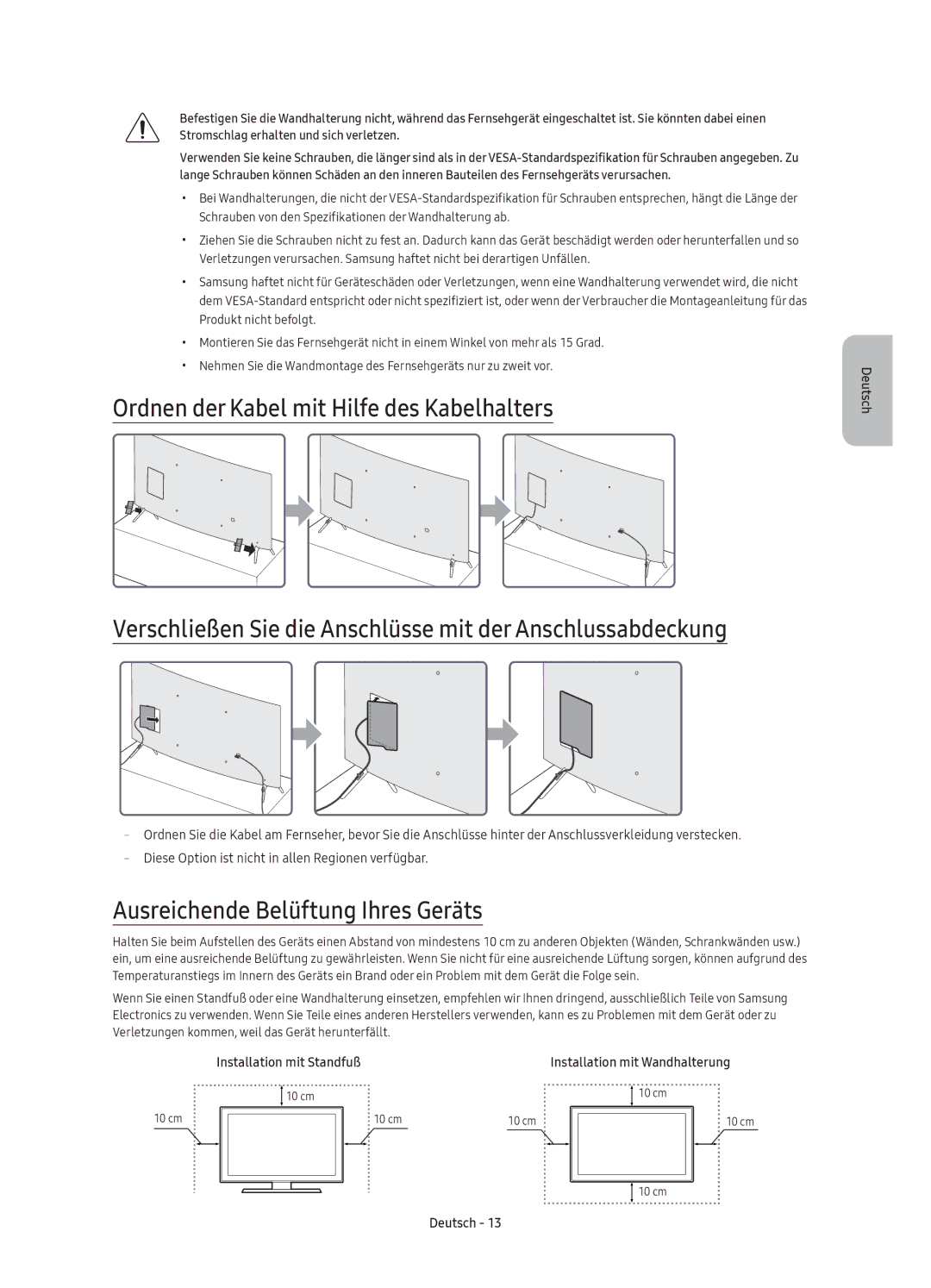 Samsung UE65KS7500UXXC, UE65KS7500UXZF, UE55KS7500UXZF, UE43KS7500UXZF, UE49KS7500UXZF Ausreichende Belüftung Ihres Geräts 