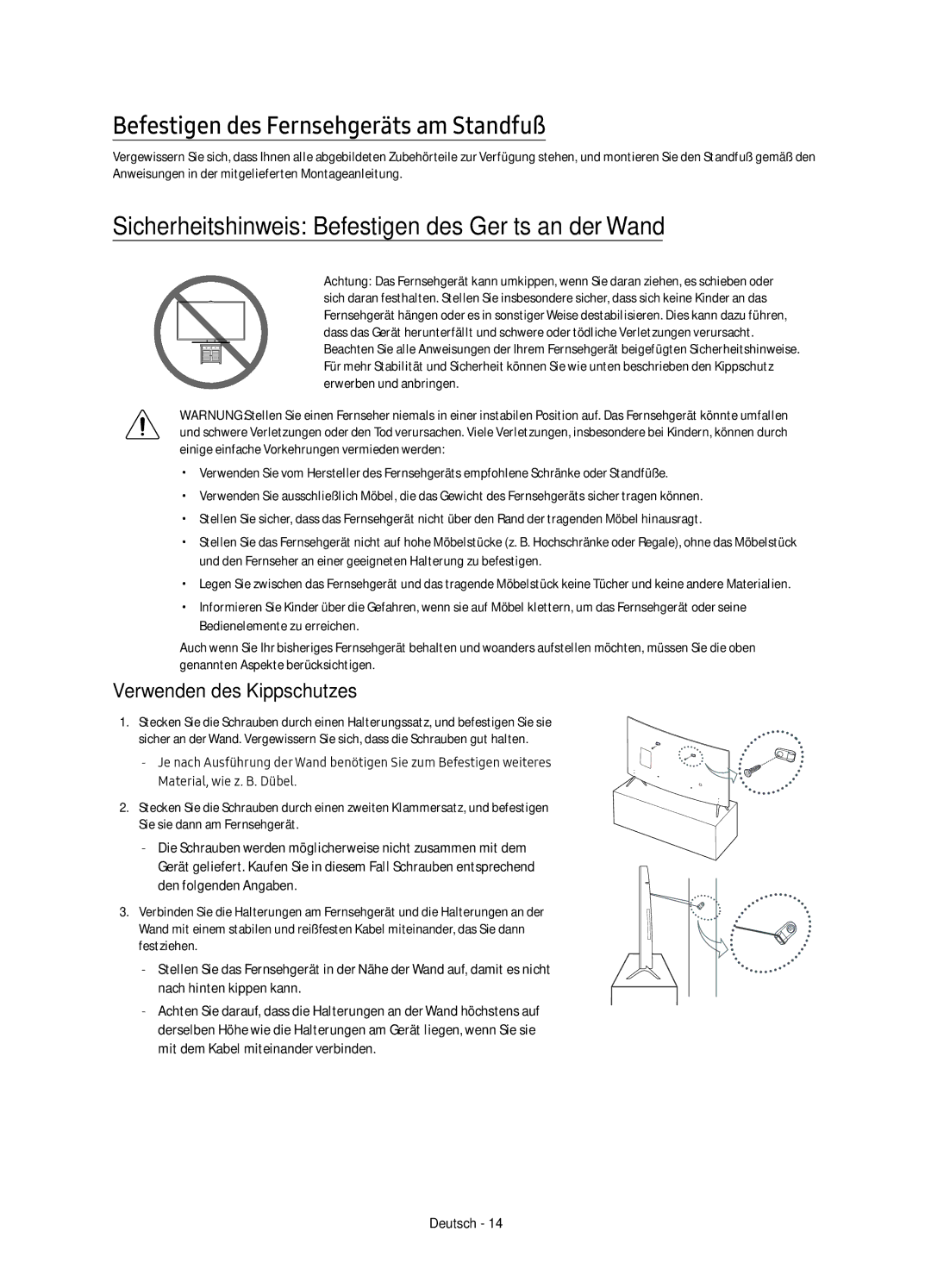 Samsung UE65KS7500UXZF Befestigen des Fernsehgeräts am Standfuß, Sicherheitshinweis Befestigen des Geräts an der Wand 