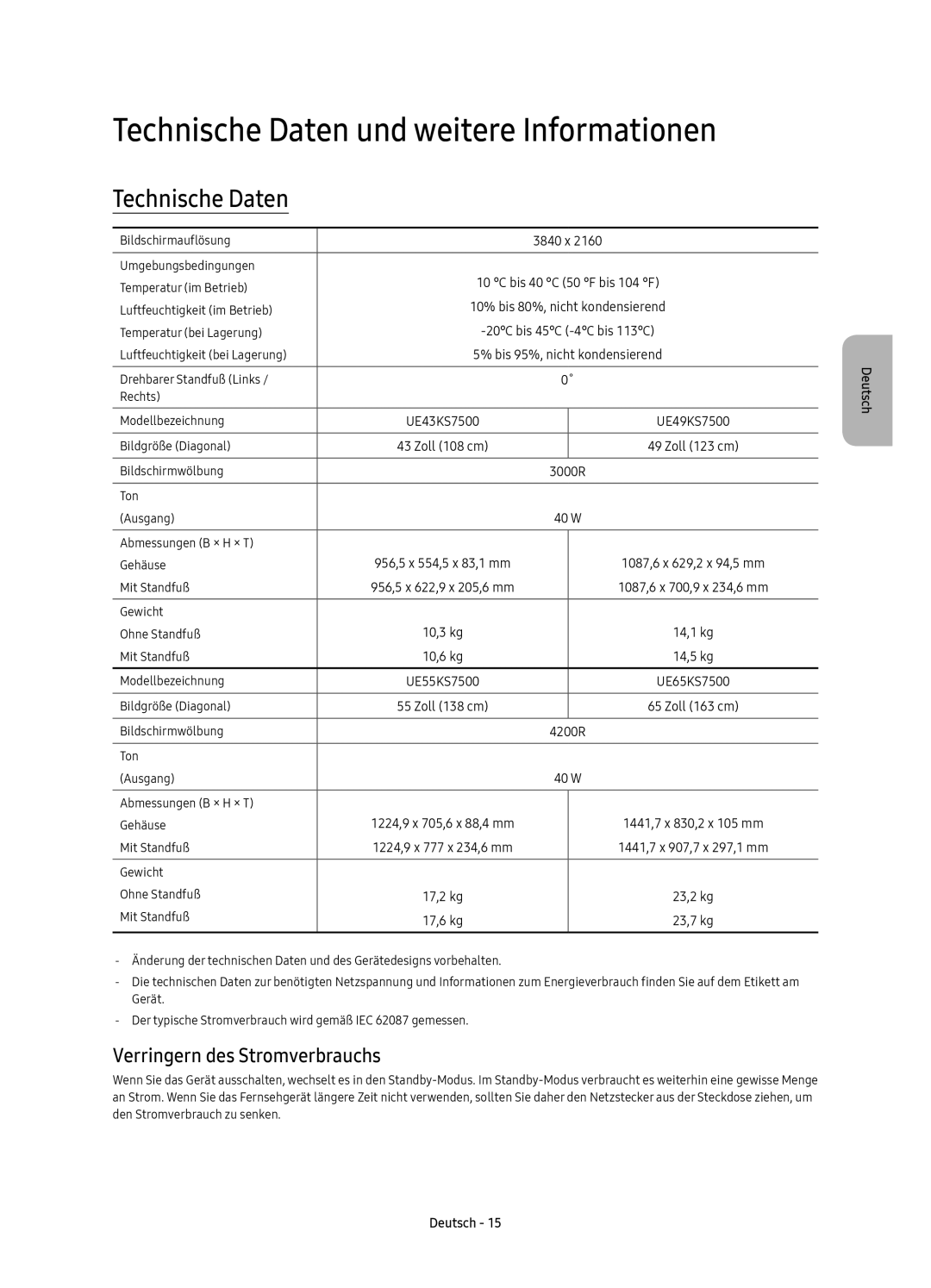 Samsung UE55KS7500UXZF, UE65KS7500UXXC manual Technische Daten und weitere Informationen, Verringern des Stromverbrauchs 