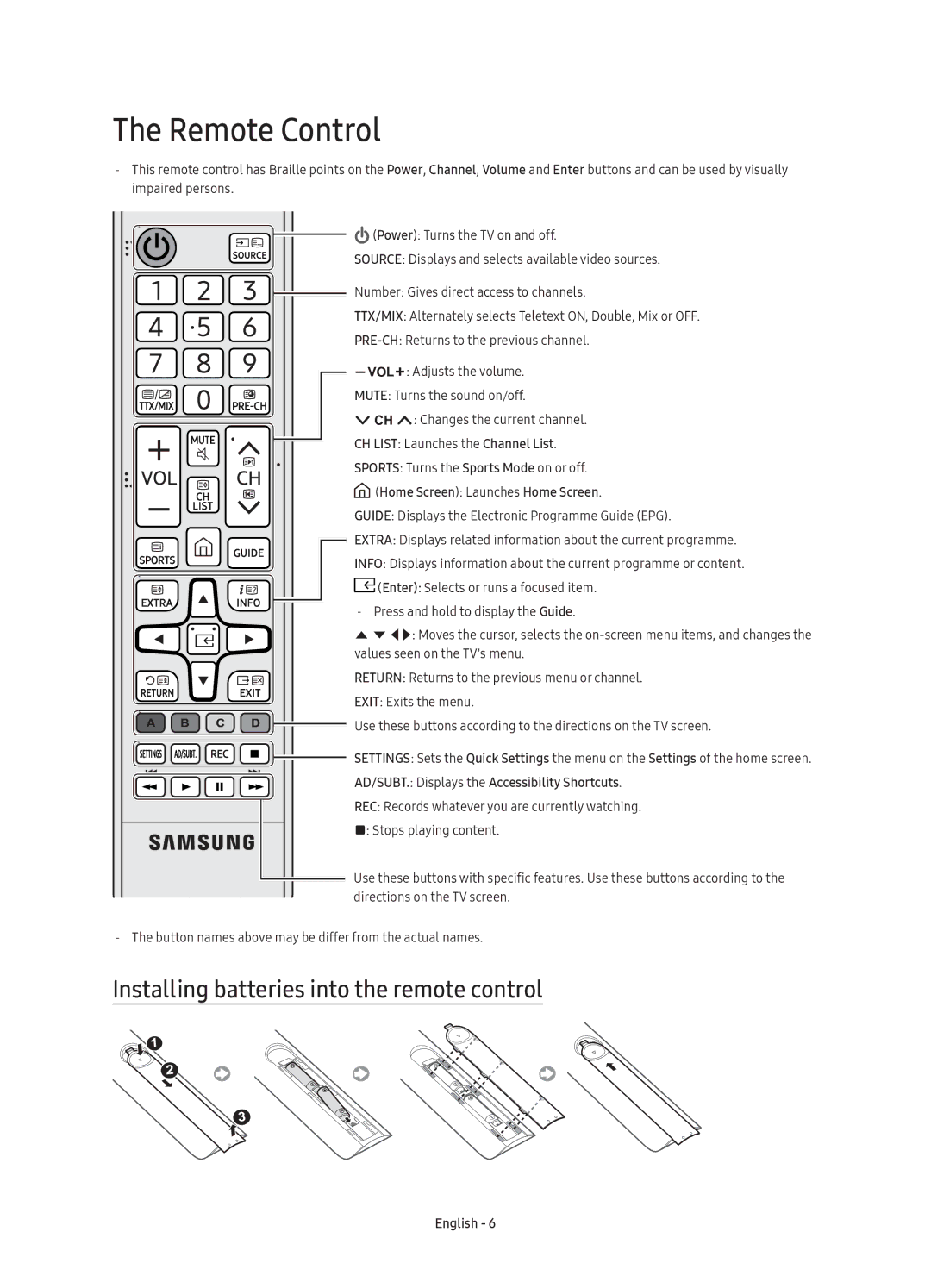 Samsung UE65KS7500UXZF, UE65KS7500UXXC, UE55KS7500UXZF manual Remote Control, Installing batteries into the remote control 