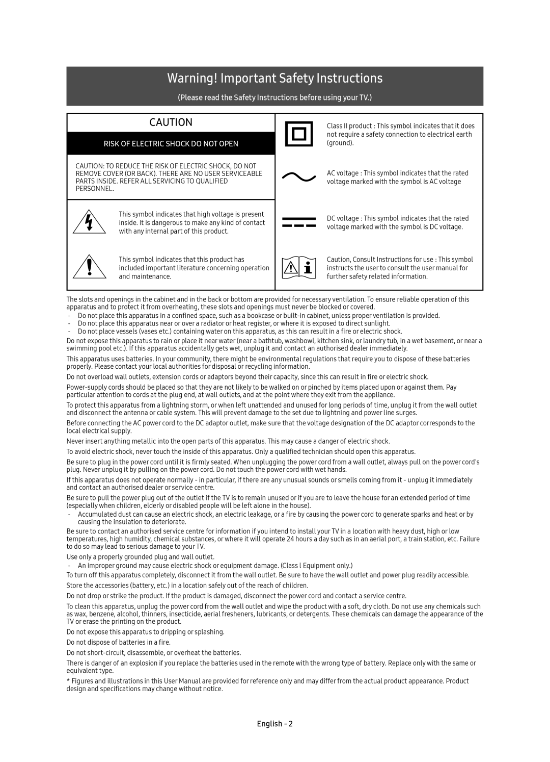 Samsung UE55KS8000UXRU, UE65KS8000UXRU, UE75KS8000UXRU, UE49KS8000UXRU manual Risk of Electric Shock do not Open 