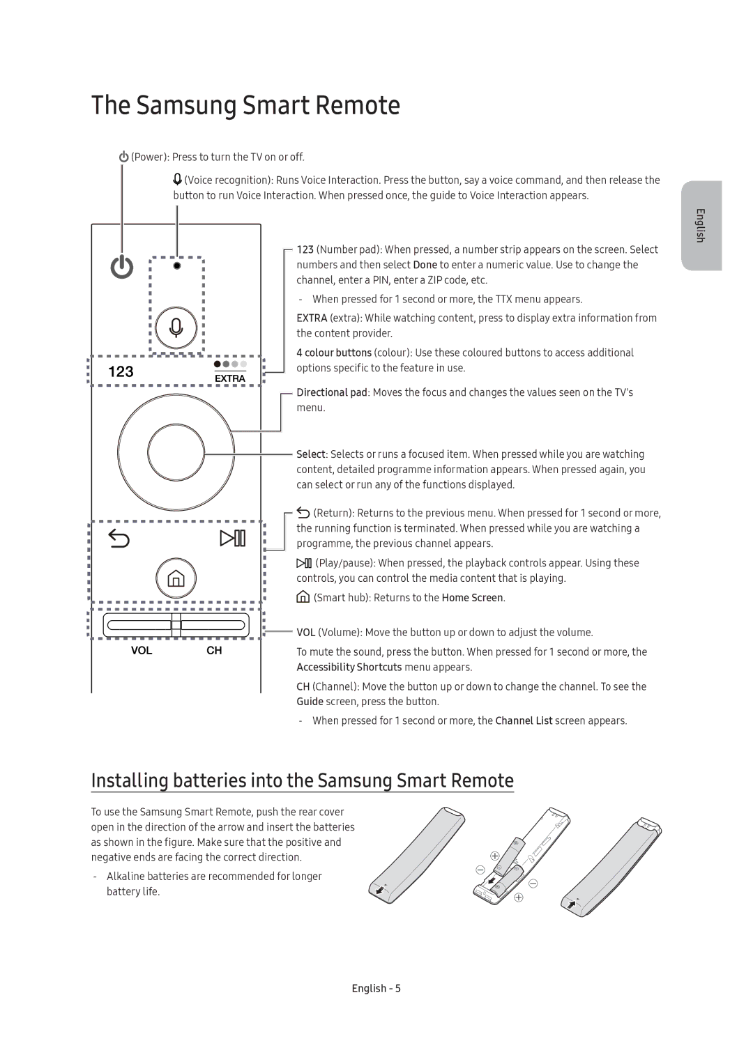 Samsung UE75KS8000UXRU manual Installing batteries into the Samsung Smart Remote, Power Press to turn the TV on or off 