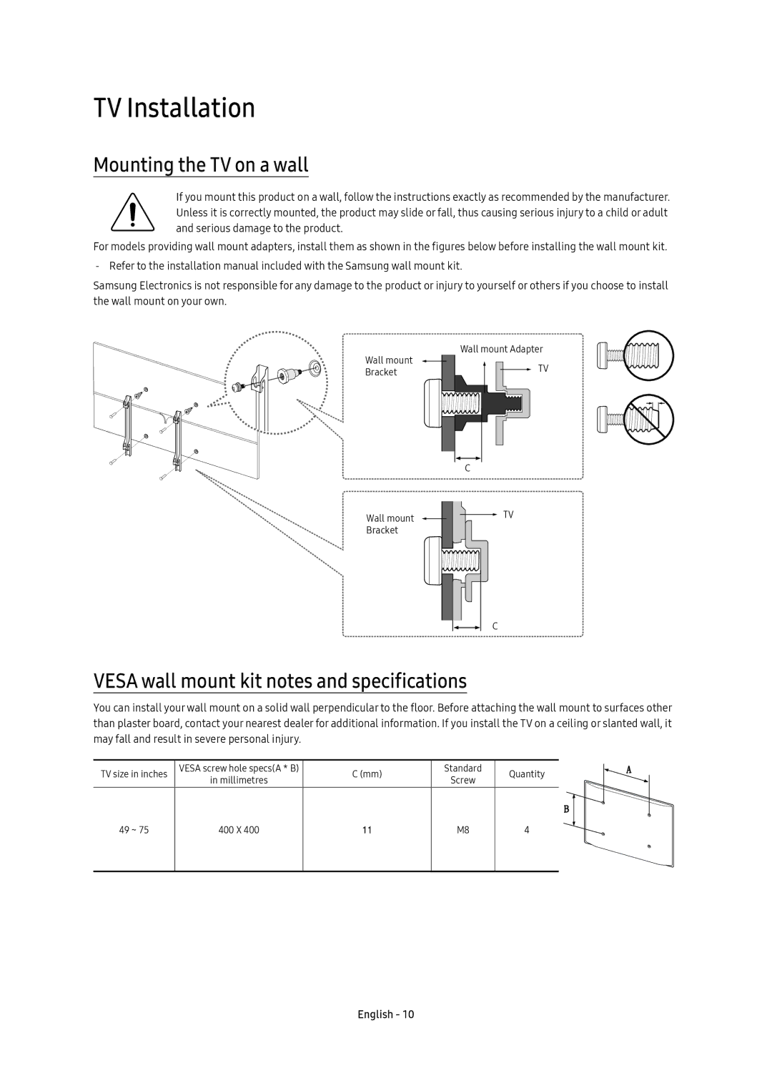 Samsung UE55KS8000UXRU manual TV Installation, Mounting the TV on a wall, Vesa wall mount kit notes and specifications 