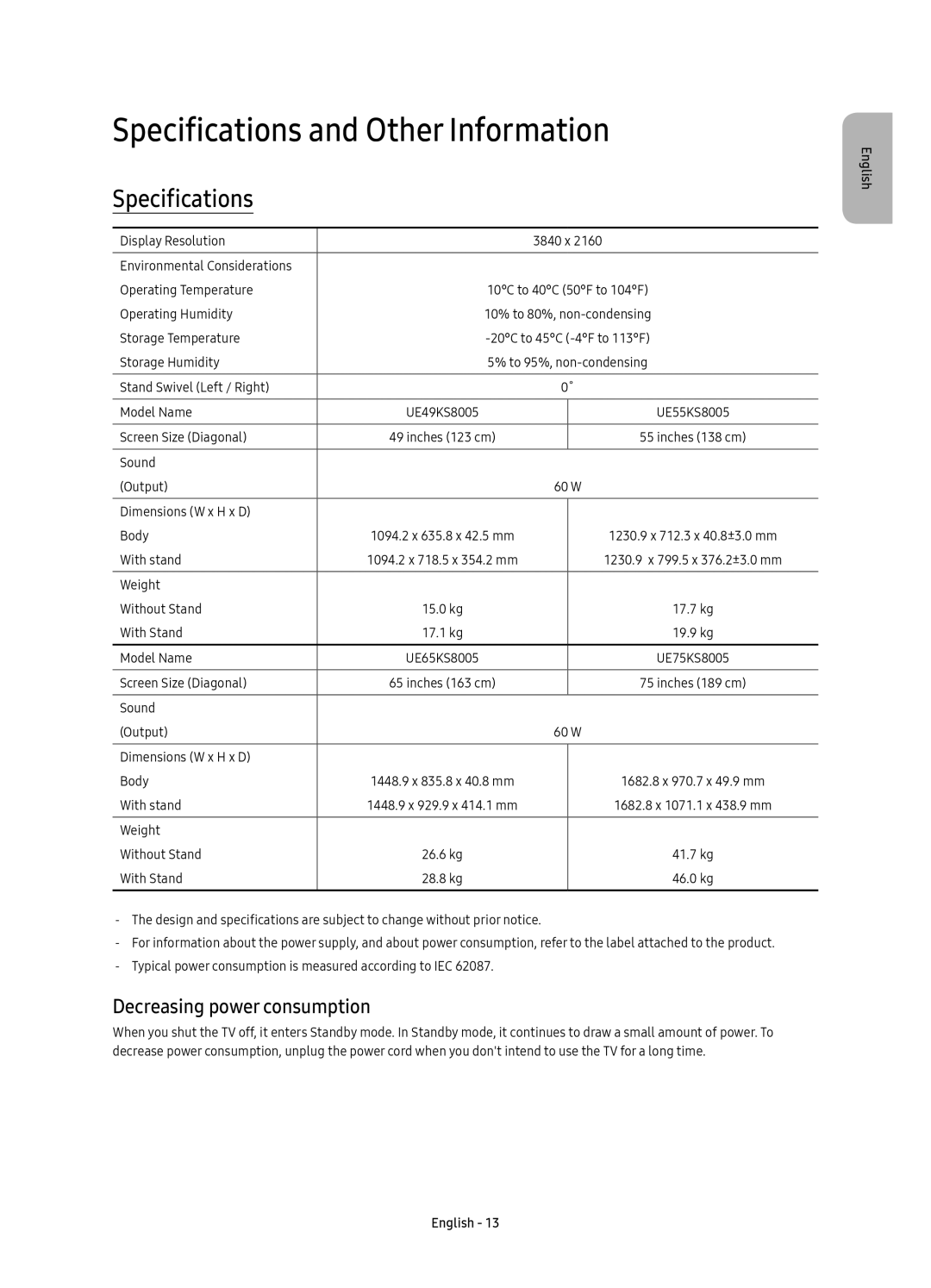 Samsung UE75KS8005TXXE, UE65KS8005TXXE, UE49KS8005TXXE Specifications and Other Information, Decreasing power consumption 