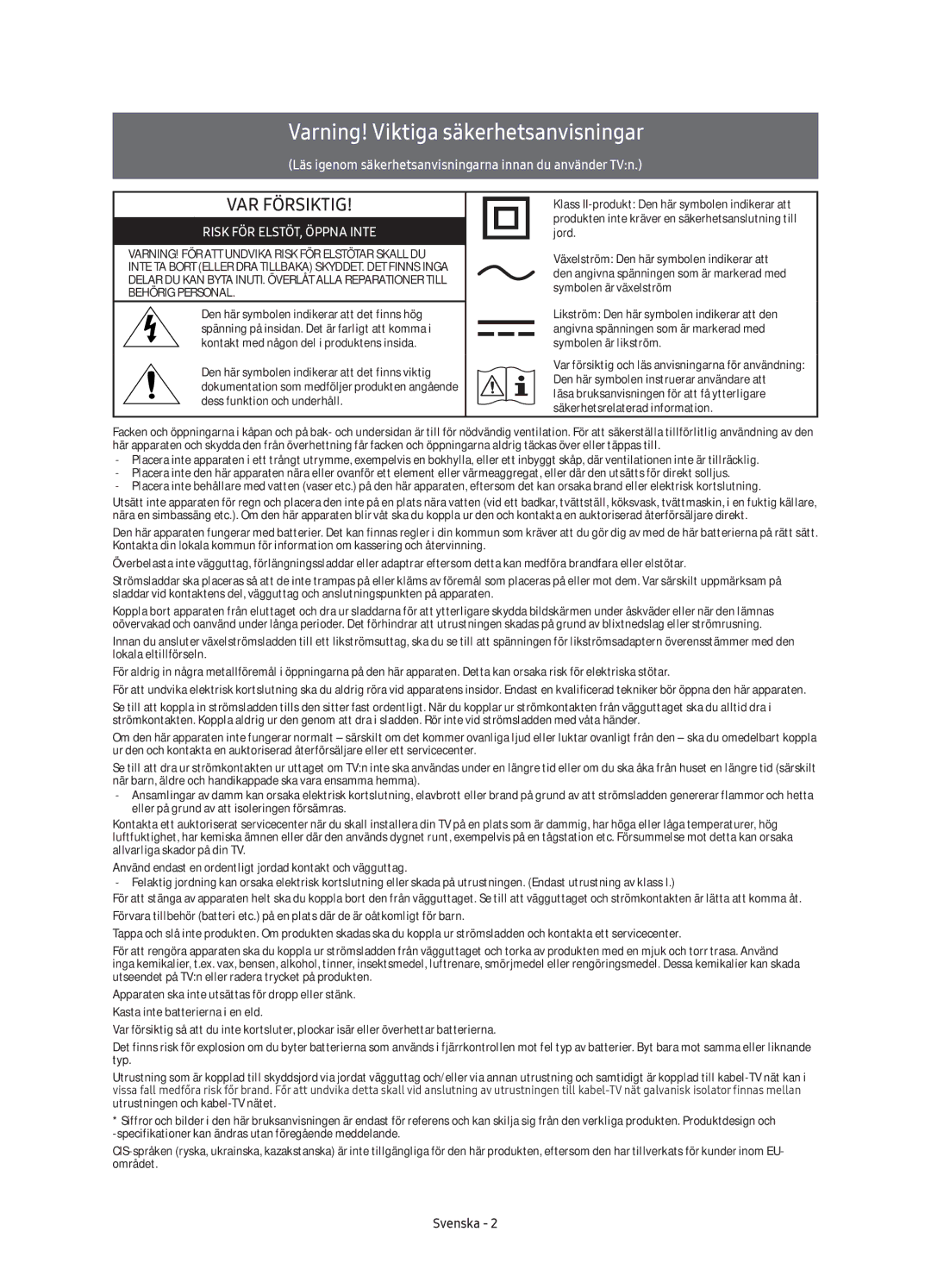 Samsung UE65KS8005TXXE, UE75KS8005TXXE, UE49KS8005TXXE, UE55KS8005TXXE manual Varning! Viktiga säkerhetsanvisningar 