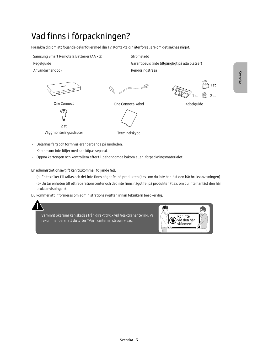 Samsung UE75KS8005TXXE, UE65KS8005TXXE, UE49KS8005TXXE, UE55KS8005TXXE manual Vad finns i förpackningen?, Kabelguide 