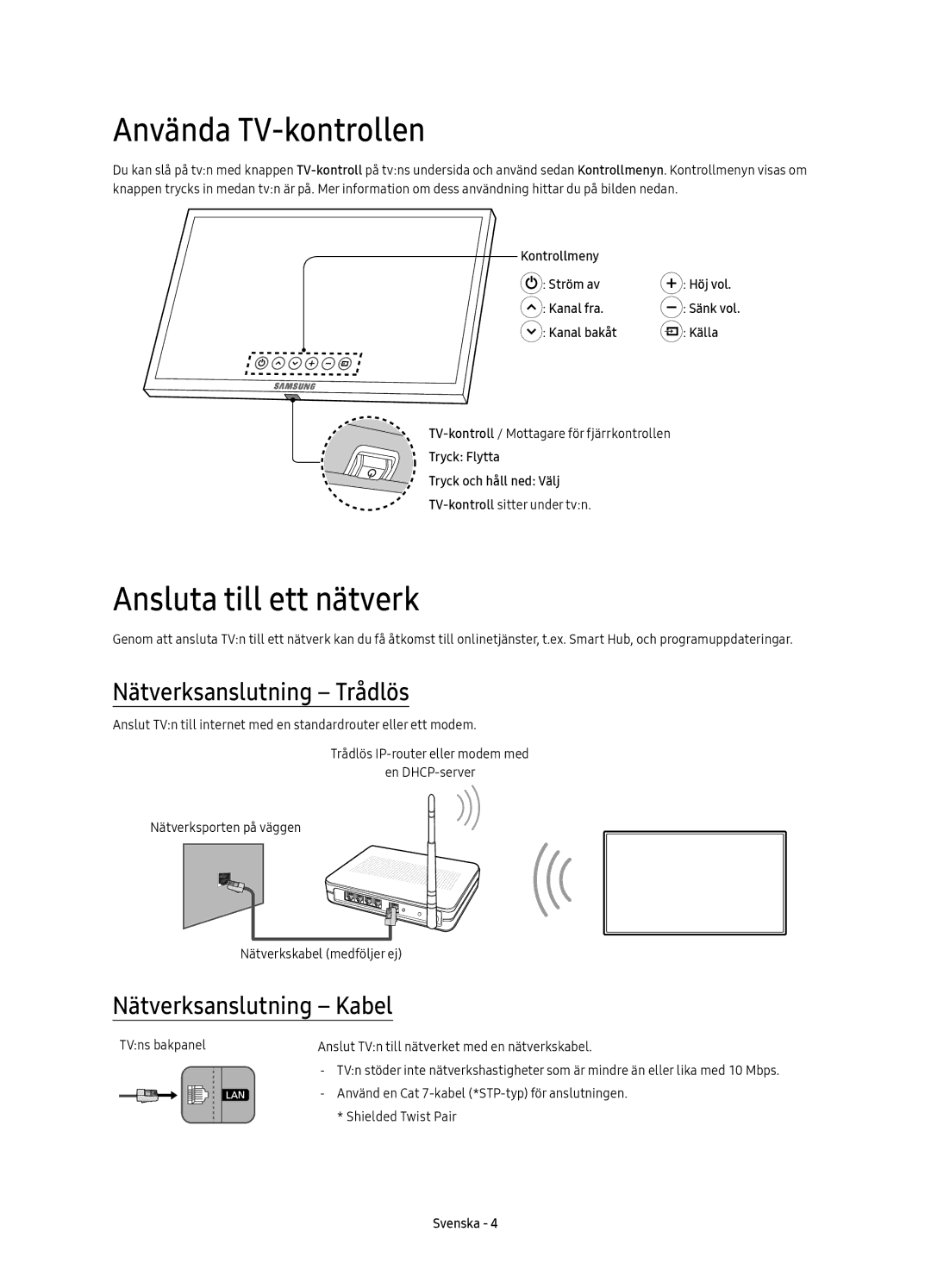 Samsung UE49KS8005TXXE, UE65KS8005TXXE manual Använda TV-kontrollen, Ansluta till ett nätverk, Nätverksanslutning Trådlös 