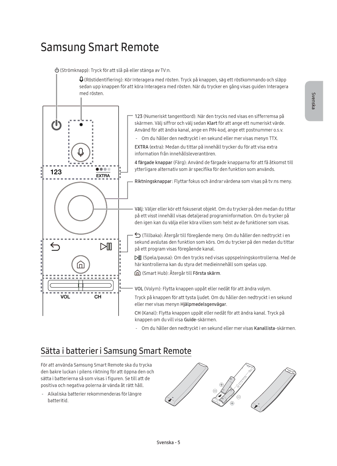 Samsung UE55KS8005TXXE, UE65KS8005TXXE, UE75KS8005TXXE, UE49KS8005TXXE manual Sätta i batterier i Samsung Smart Remote 