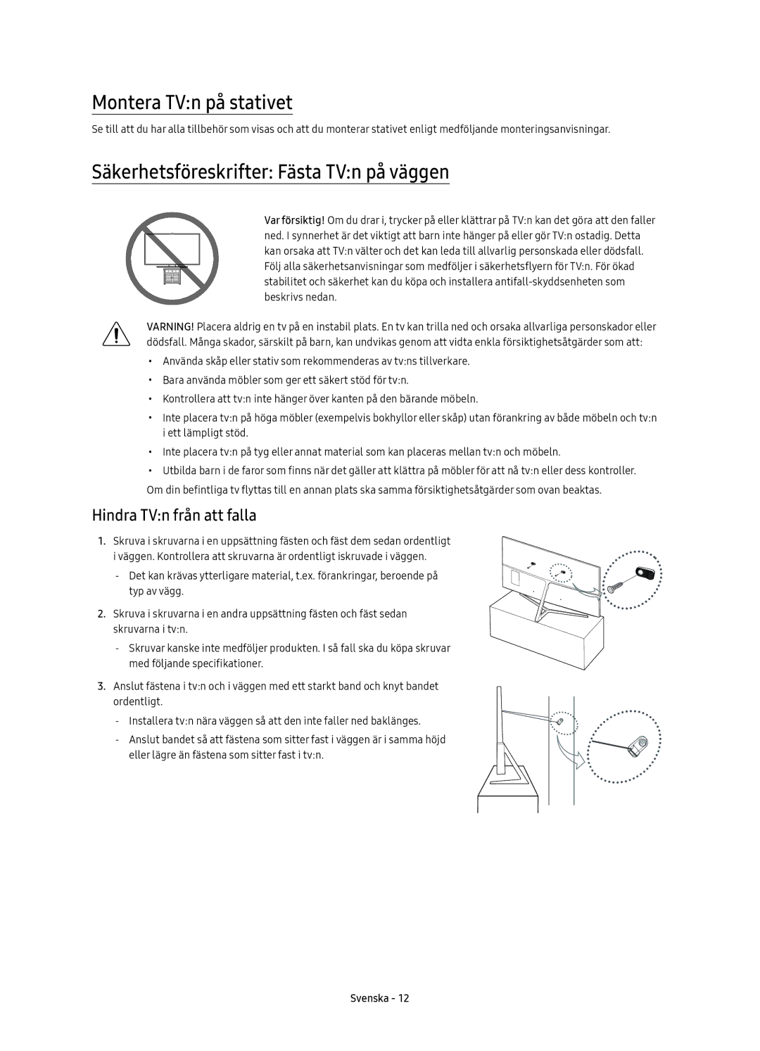 Samsung UE49KS8005TXXE manual Montera TVn på stativet, Säkerhetsföreskrifter Fästa TVn på väggen, Hindra TVn från att falla 