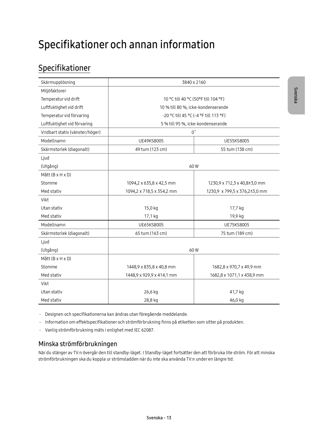 Samsung UE55KS8005TXXE, UE65KS8005TXXE, UE75KS8005TXXE Specifikationer och annan information, Minska strömförbrukningen 