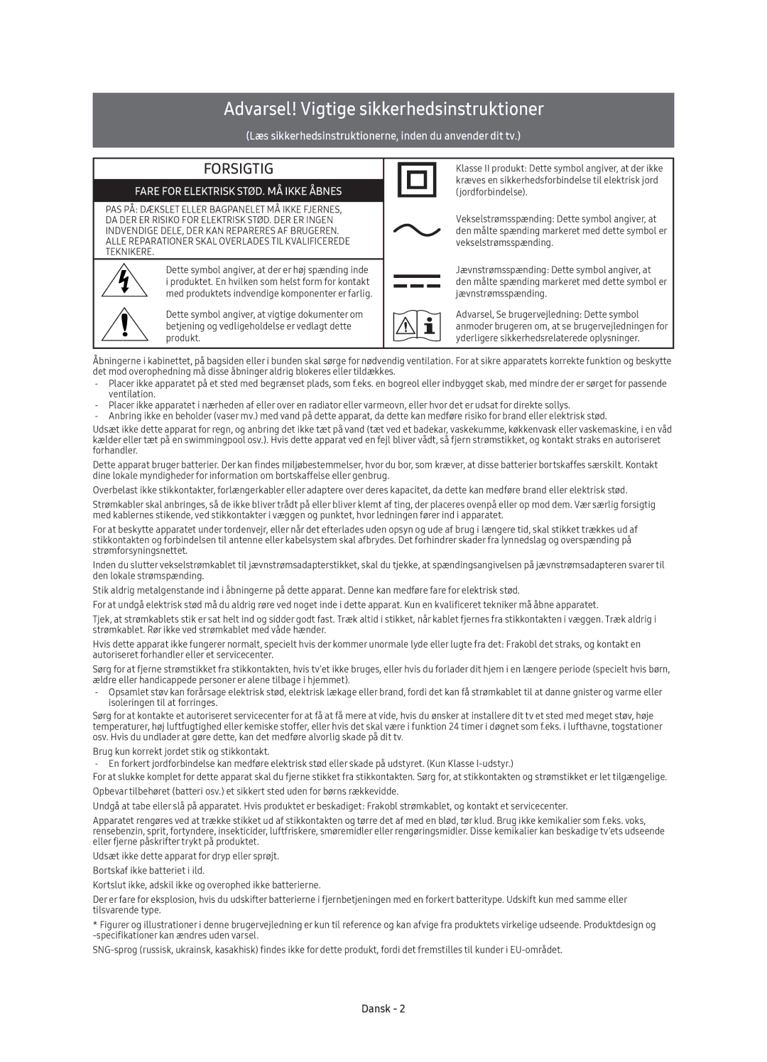 Samsung UE49KS8005TXXE, UE65KS8005TXXE, UE75KS8005TXXE, UE55KS8005TXXE manual Forsigtig 