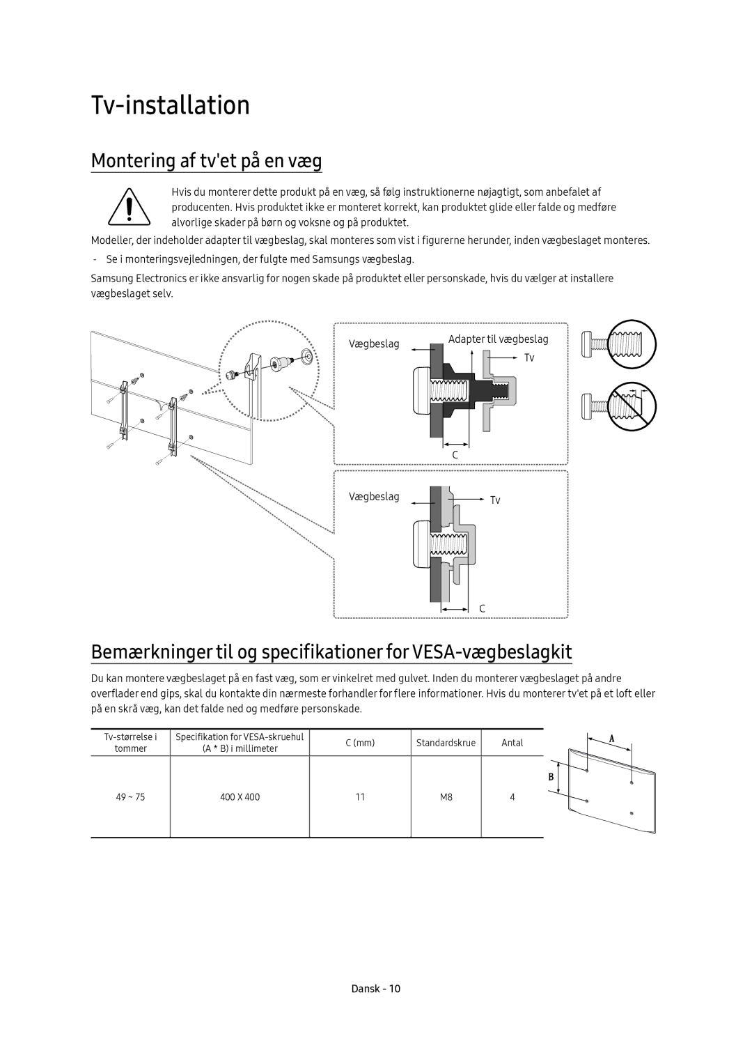 Samsung UE49KS8005TXXE manual Montering af tvet på en væg, Bemærkninger til og specifikationer for VESA-vægbeslagkit 