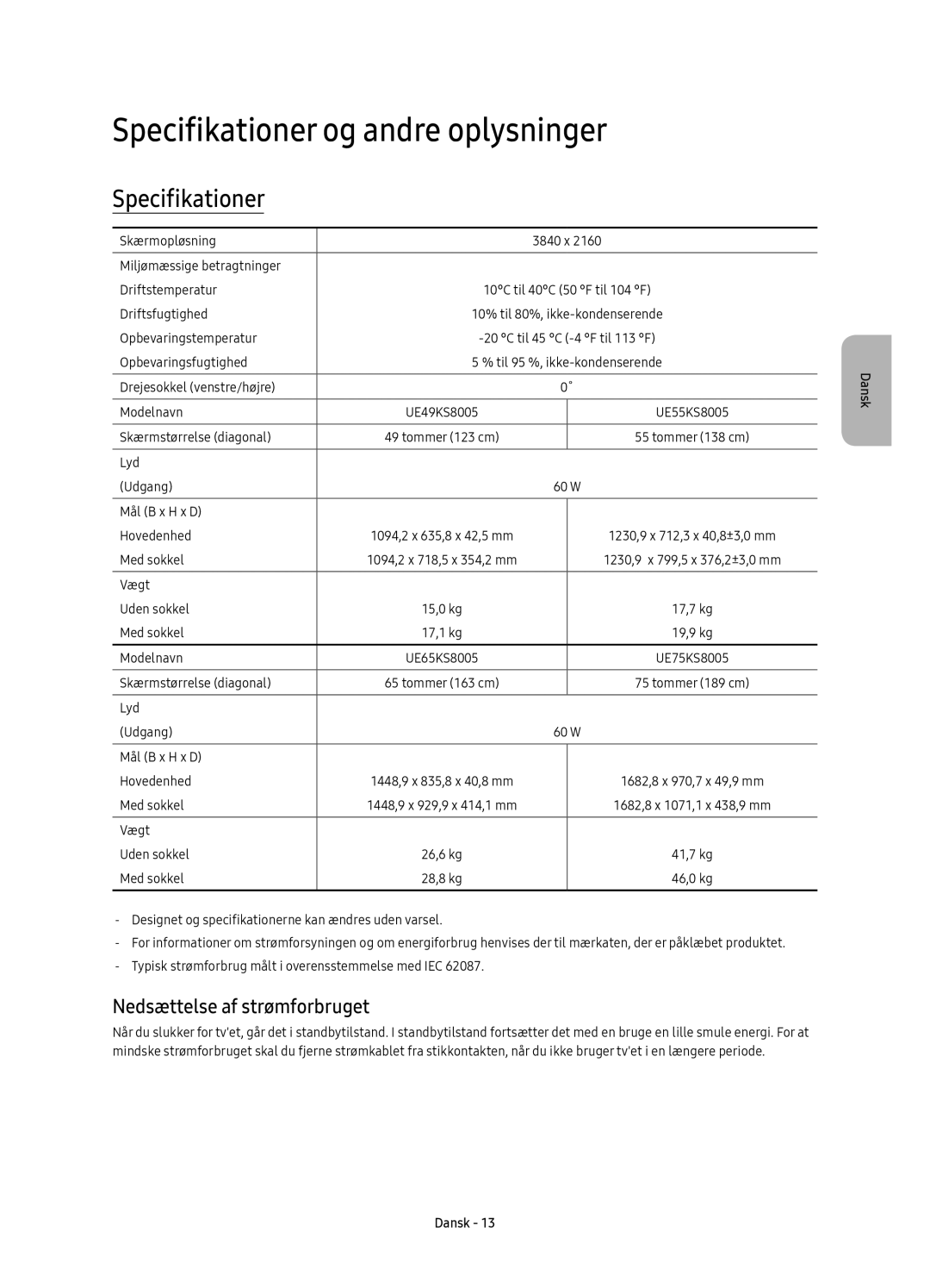 Samsung UE75KS8005TXXE, UE65KS8005TXXE, UE49KS8005TXXE Specifikationer og andre oplysninger, Nedsættelse af strømforbruget 