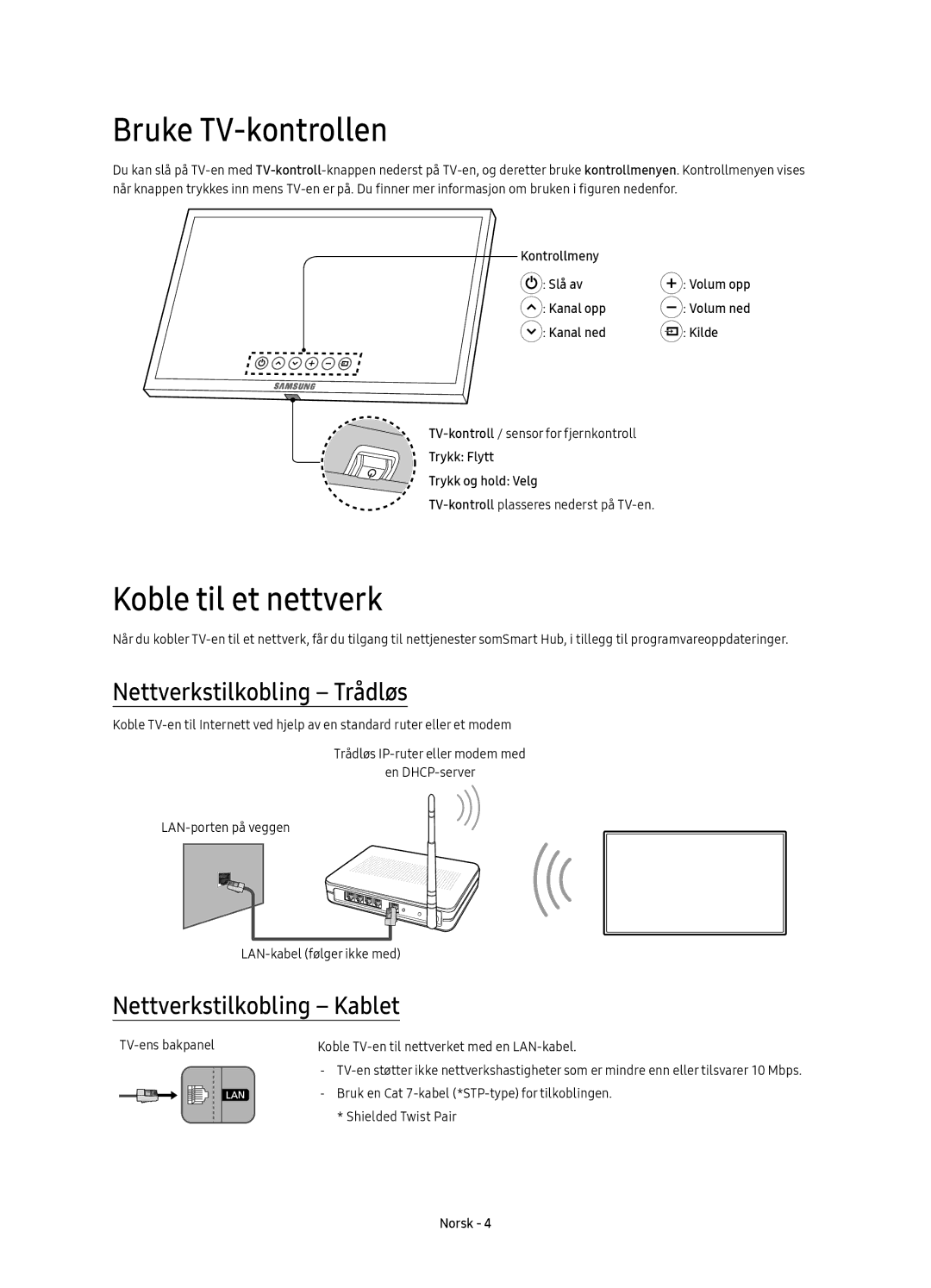 Samsung UE49KS8005TXXE Bruke TV-kontrollen, Koble til et nettverk, Nettverkstilkobling Trådløs, Nettverkstilkobling Kablet 