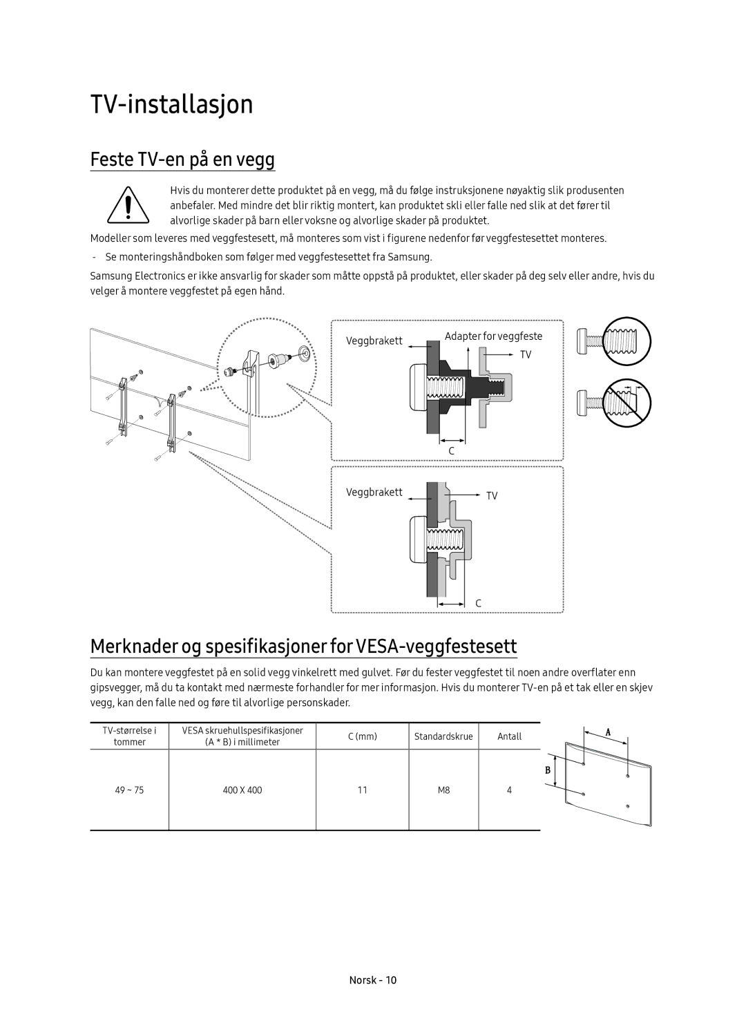 Samsung UE65KS8005TXXE manual TV-installasjon, Feste TV-en på en vegg, Merknader og spesifikasjoner for VESA-veggfestesett 