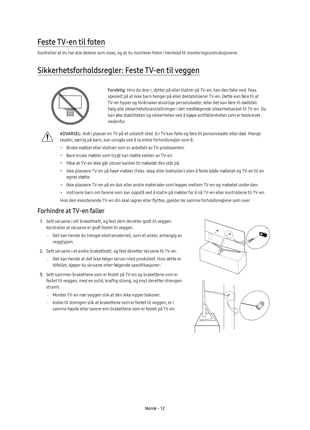 Samsung UE49KS8005TXXE Feste TV-en til foten, Sikkerhetsforholdsregler Feste TV-en til veggen, Forhindre at TV-en faller 