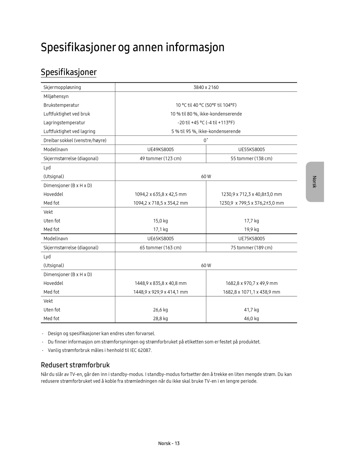 Samsung UE55KS8005TXXE, UE65KS8005TXXE, UE75KS8005TXXE manual Spesifikasjoner og annen informasjon, Redusert strømforbruk 