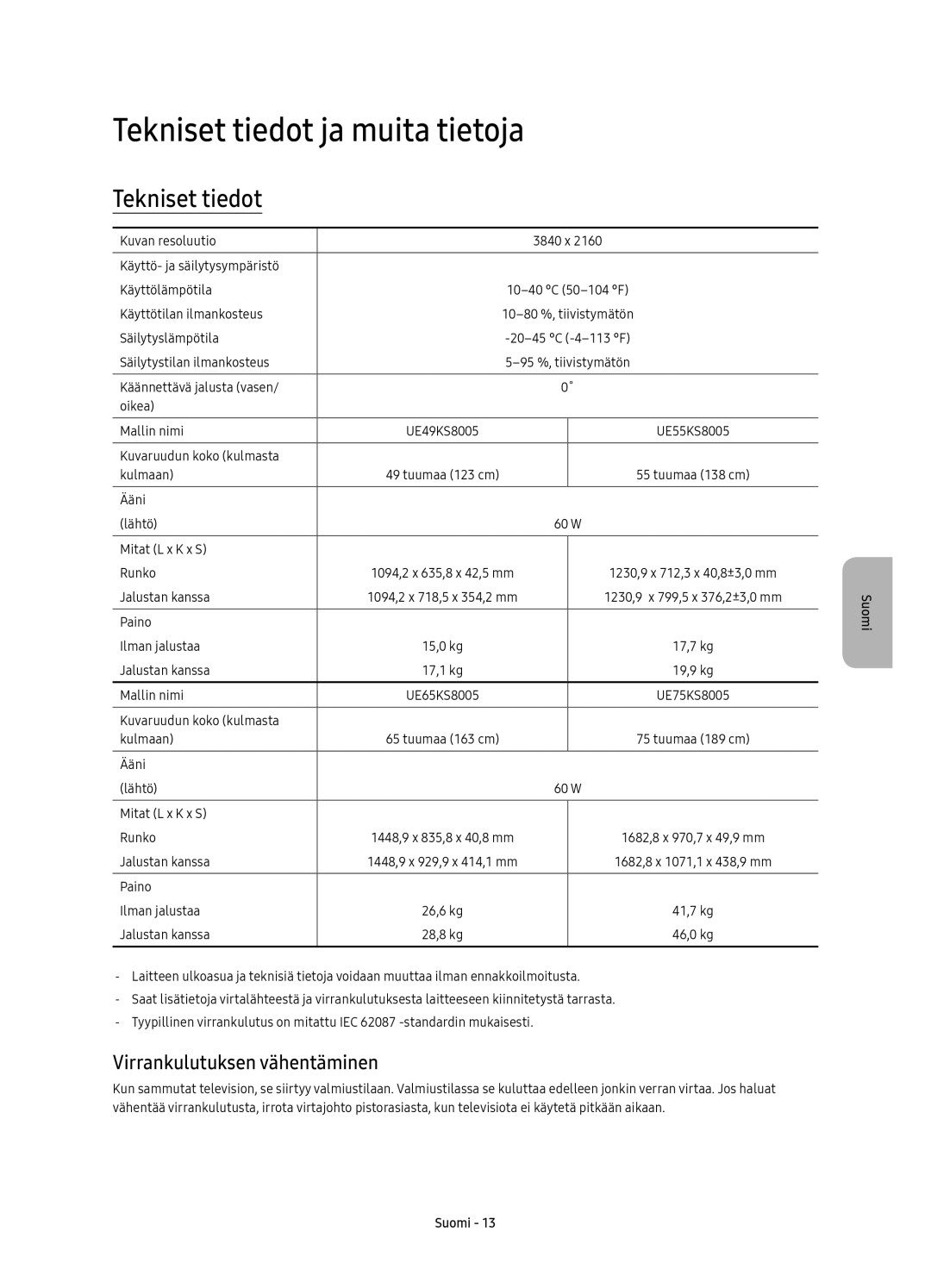 Samsung UE75KS8005TXXE, UE65KS8005TXXE, UE49KS8005TXXE manual Tekniset tiedot ja muita tietoja, Virrankulutuksen vähentäminen 