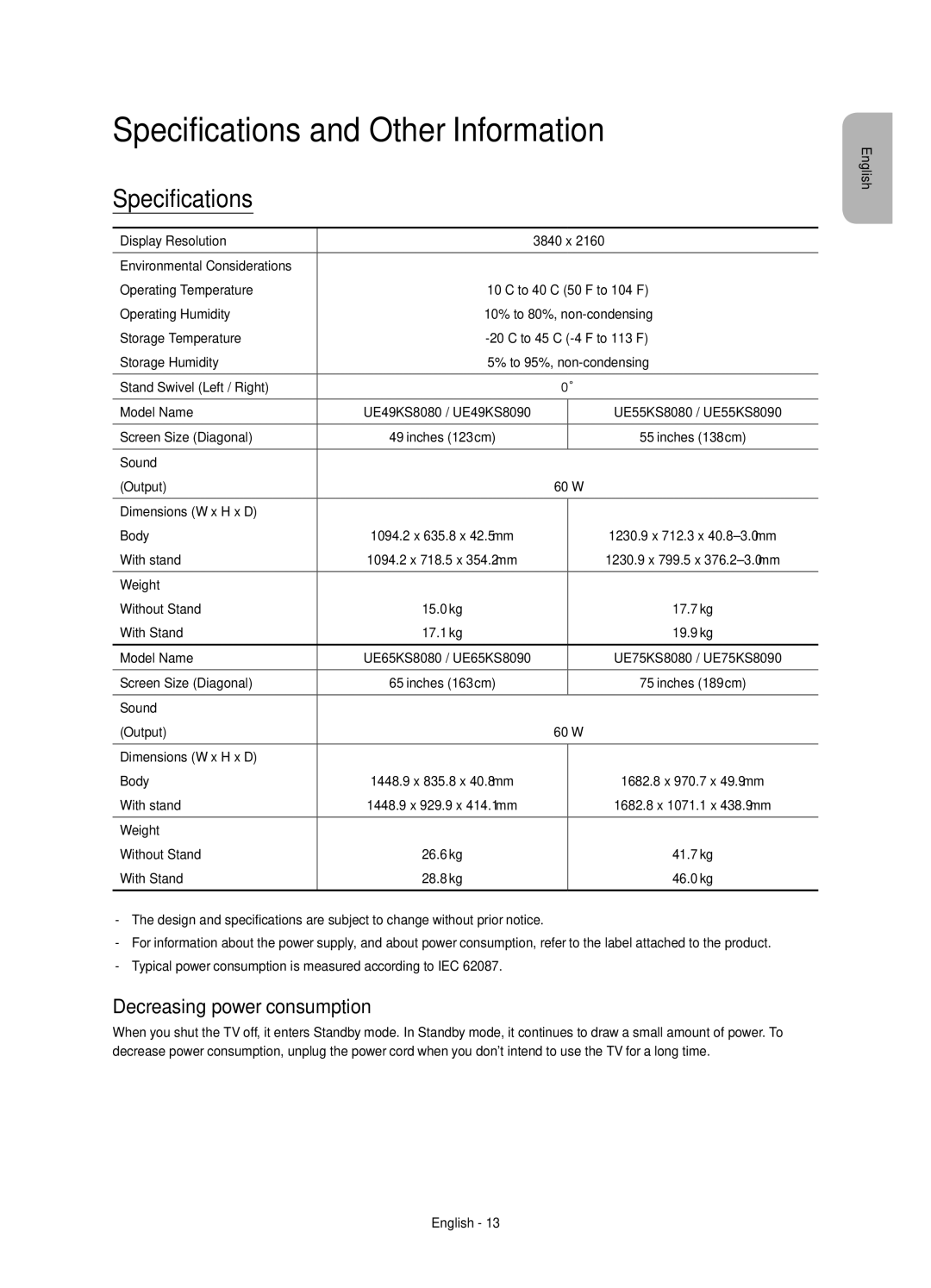 Samsung UE49KS8080TXZG, UE65KS8090TXZG, UE75KS8090TXZG Specifications and Other Information, Decreasing power consumption 