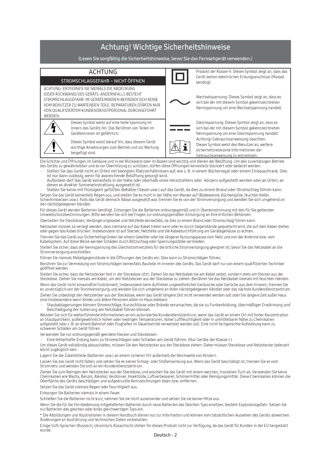 Samsung UE65KS8090TXZG, UE75KS8090TXZG, UE55KS8090TXZG, UE49KS8090TXZG, UE65KS8080TXZG Achtung! Wichtige Sicherheitshinweise 