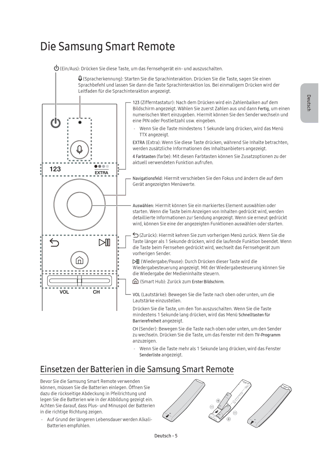 Samsung UE49KS8090TXZG, UE65KS8090TXZG manual Die Samsung Smart Remote, Einsetzen der Batterien in die Samsung Smart Remote 