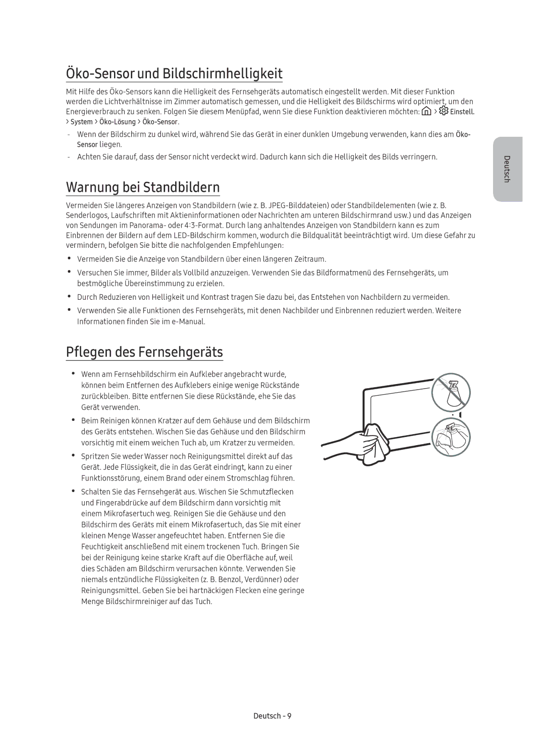 Samsung UE75KS8080TXZG manual Öko-Sensor und Bildschirmhelligkeit, Warnung bei Standbildern, Pflegen des Fernsehgeräts 