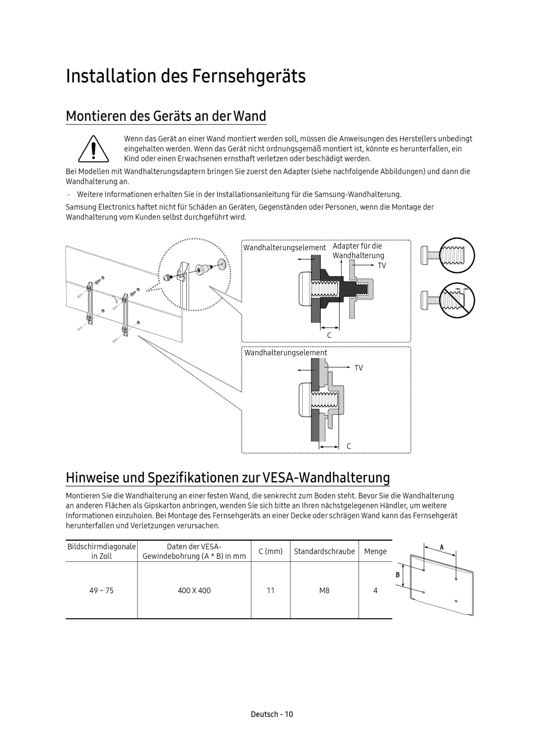 Samsung UE65KS8090TXZG, UE75KS8090TXZG, UE55KS8090TXZG Installation des Fernsehgeräts, Montieren des Geräts an der Wand 