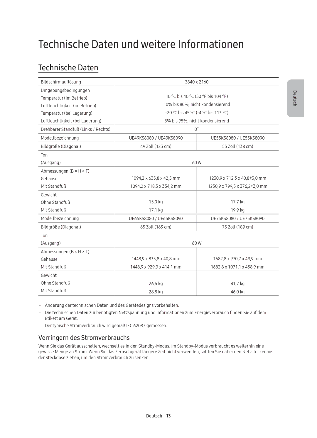 Samsung UE49KS8090TXZG, UE65KS8090TXZG manual Technische Daten und weitere Informationen, Verringern des Stromverbrauchs 