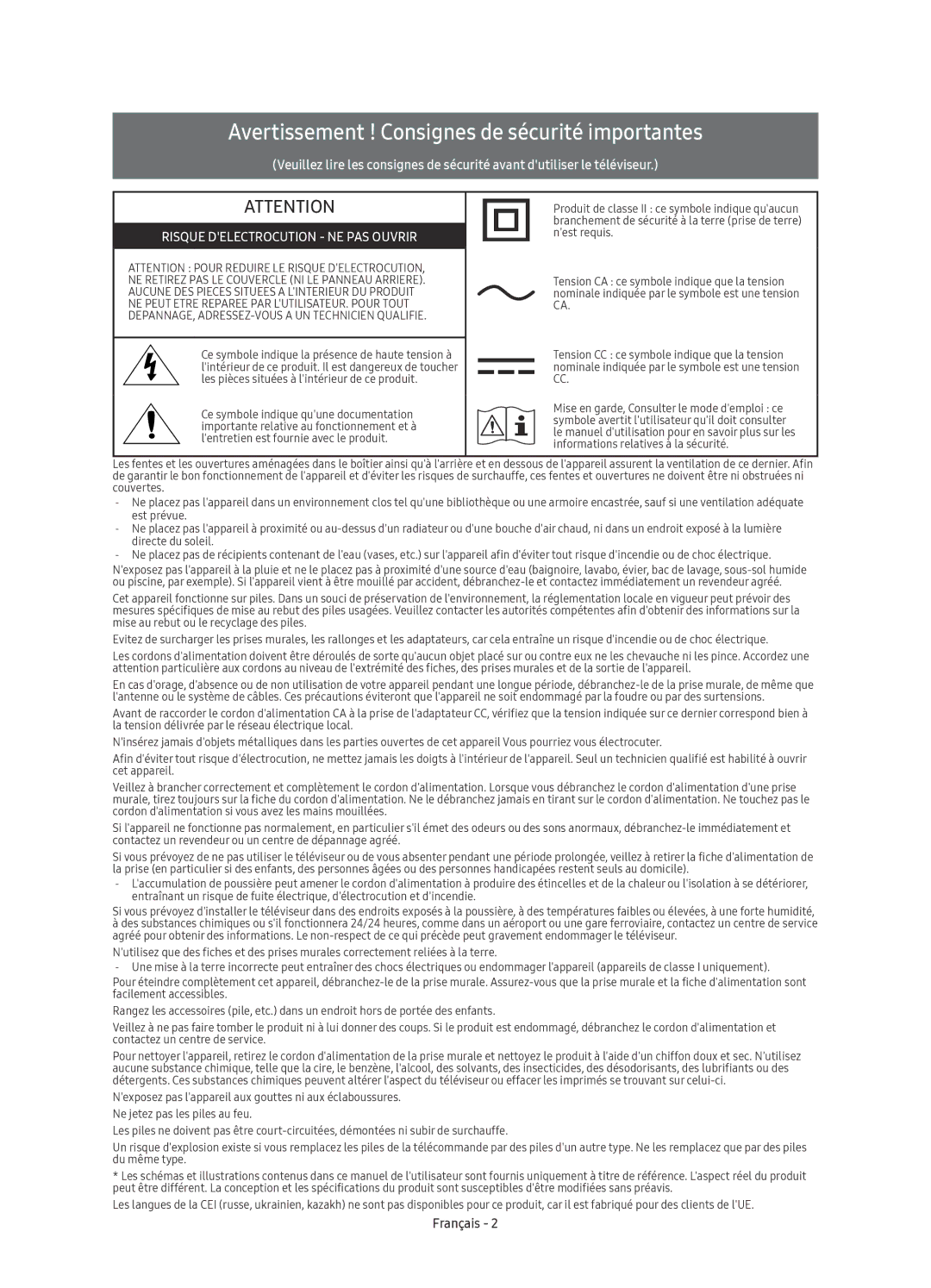 Samsung UE55KS8080TXZG, UE65KS8090TXZG, UE75KS8090TXZG, UE55KS8090TXZG Avertissement ! Consignes de sécurité importantes 