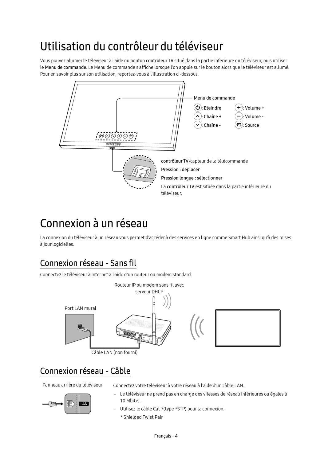 Samsung UE65KS8090TXZG manual Utilisation du contrôleur du téléviseur, Connexion à un réseau, Connexion réseau Sans fil 