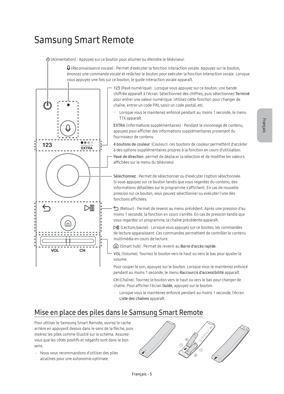 Samsung UE75KS8090TXZG, UE65KS8090TXZG, UE55KS8090TXZG manual Mise en place des piles dans le Samsung Smart Remote 