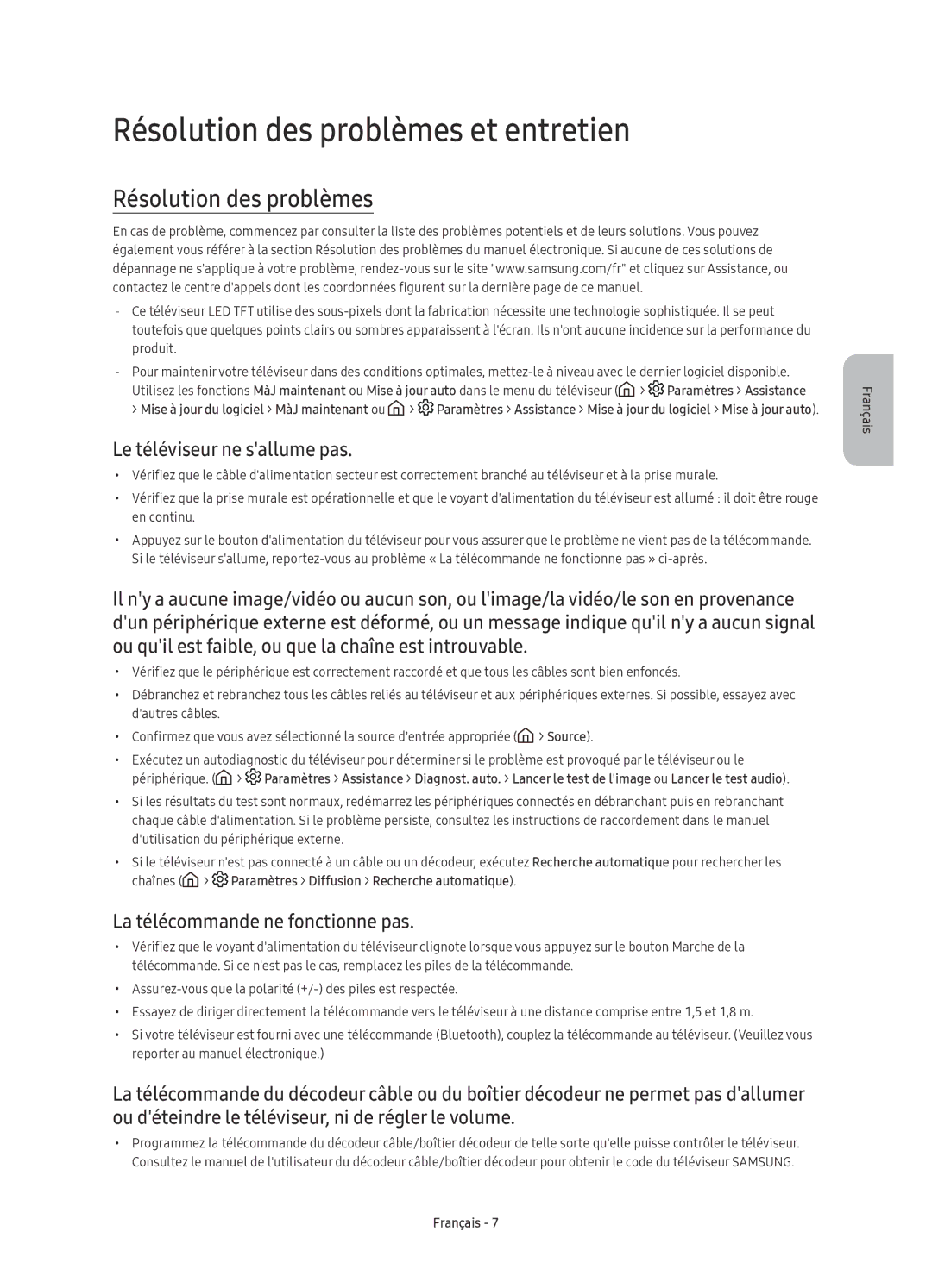 Samsung UE49KS8090TXZG, UE65KS8090TXZG, UE75KS8090TXZG Résolution des problèmes et entretien, Le téléviseur ne sallume pas 