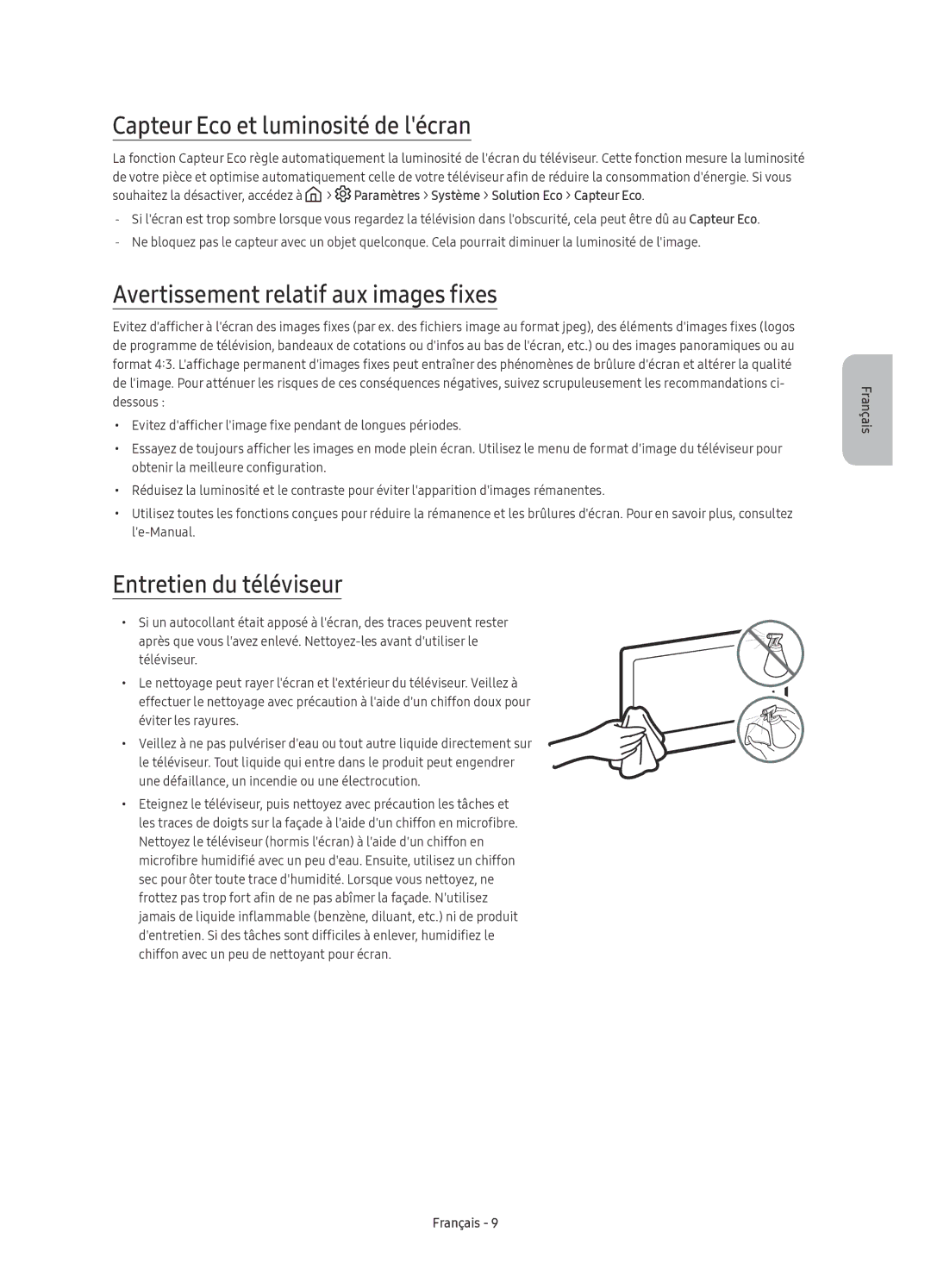 Samsung UE49KS8080TXZG, UE65KS8090TXZG manual Capteur Eco et luminosité de lécran, Avertissement relatif aux images fixes 