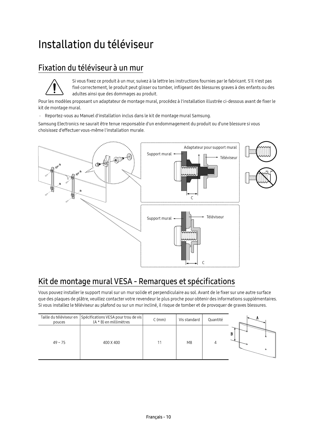 Samsung UE55KS8080TXZG, UE65KS8090TXZG, UE75KS8090TXZG manual Installation du téléviseur, Fixation du téléviseur à un mur 