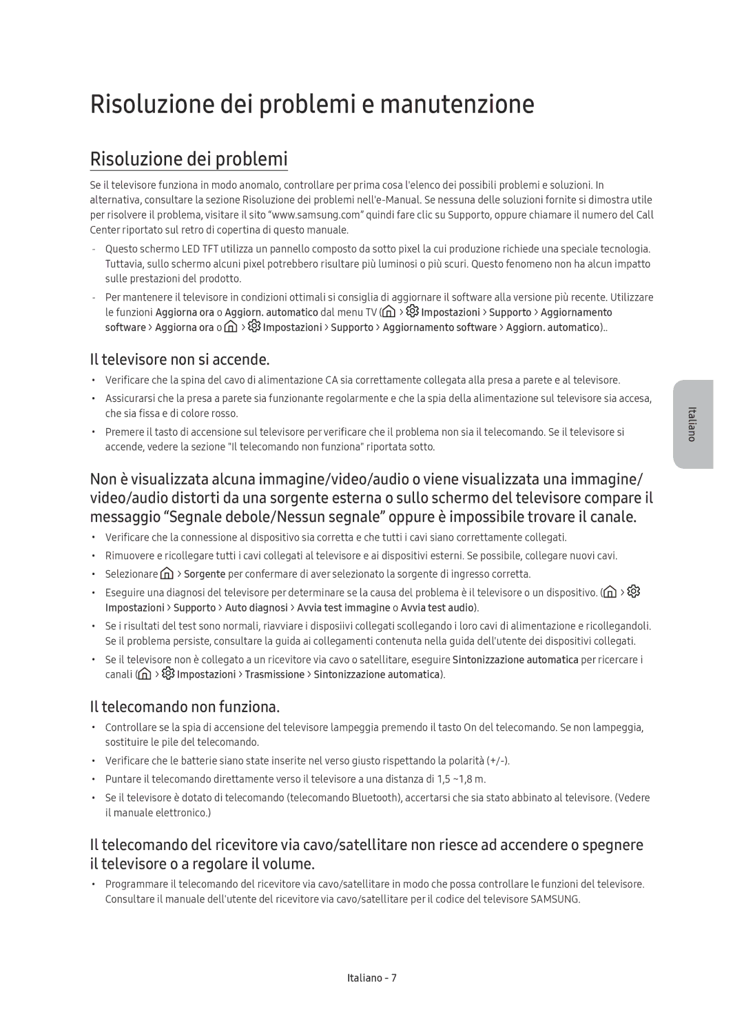 Samsung UE75KS8090TXZG Risoluzione dei problemi e manutenzione, Il televisore non si accende, Il telecomando non funziona 