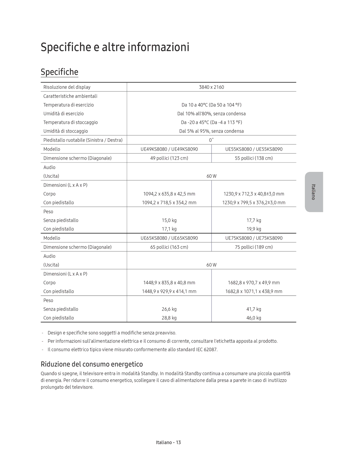 Samsung UE75KS8080TXZG, UE65KS8090TXZG, UE75KS8090TXZG Specifiche e altre informazioni, Riduzione del consumo energetico 