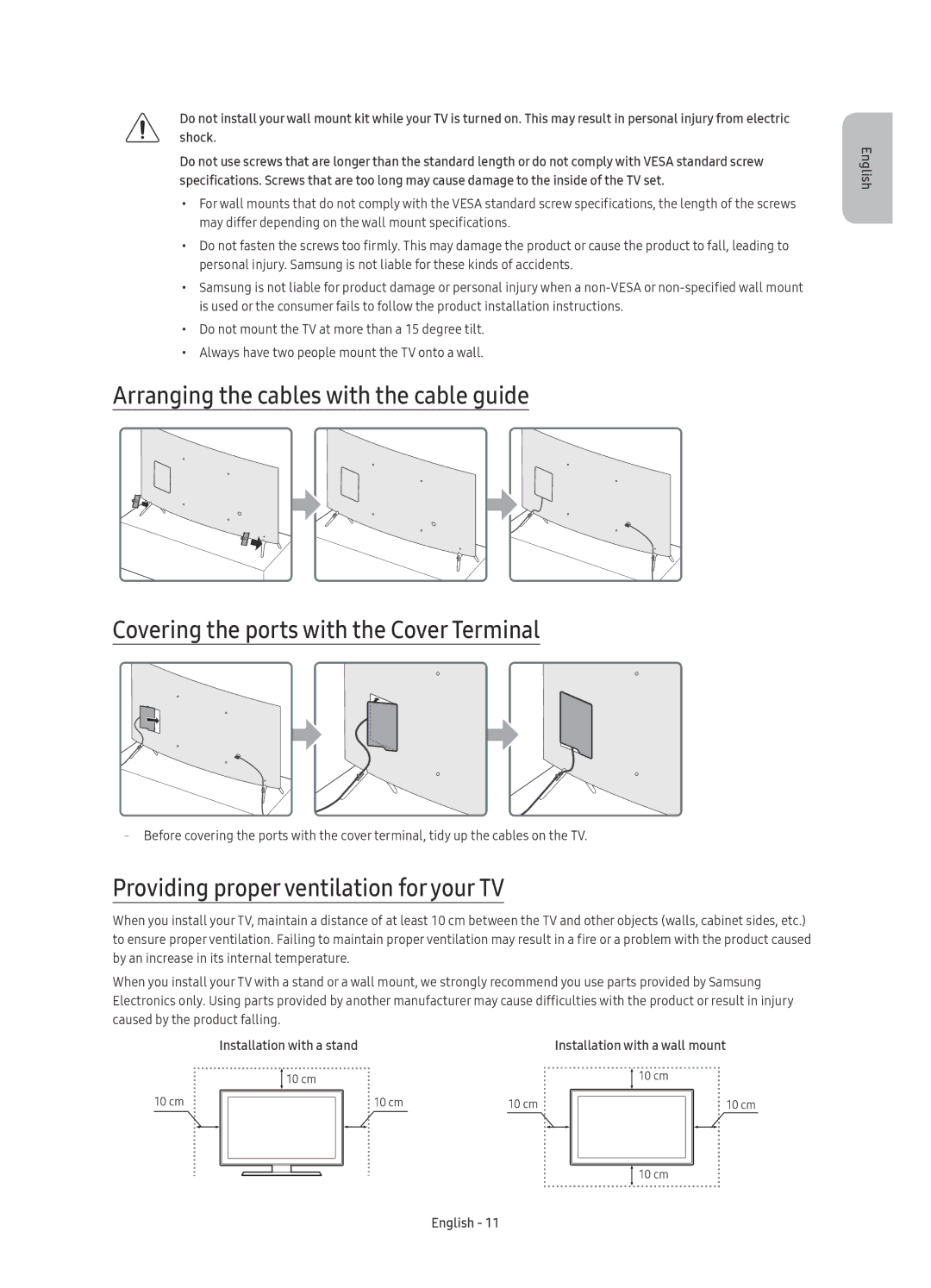 Samsung UE49KS8500UXSQ, UE65KS8500UXSQ, UE55KS8500UXSQ manual Providing proper ventilation for your TV 