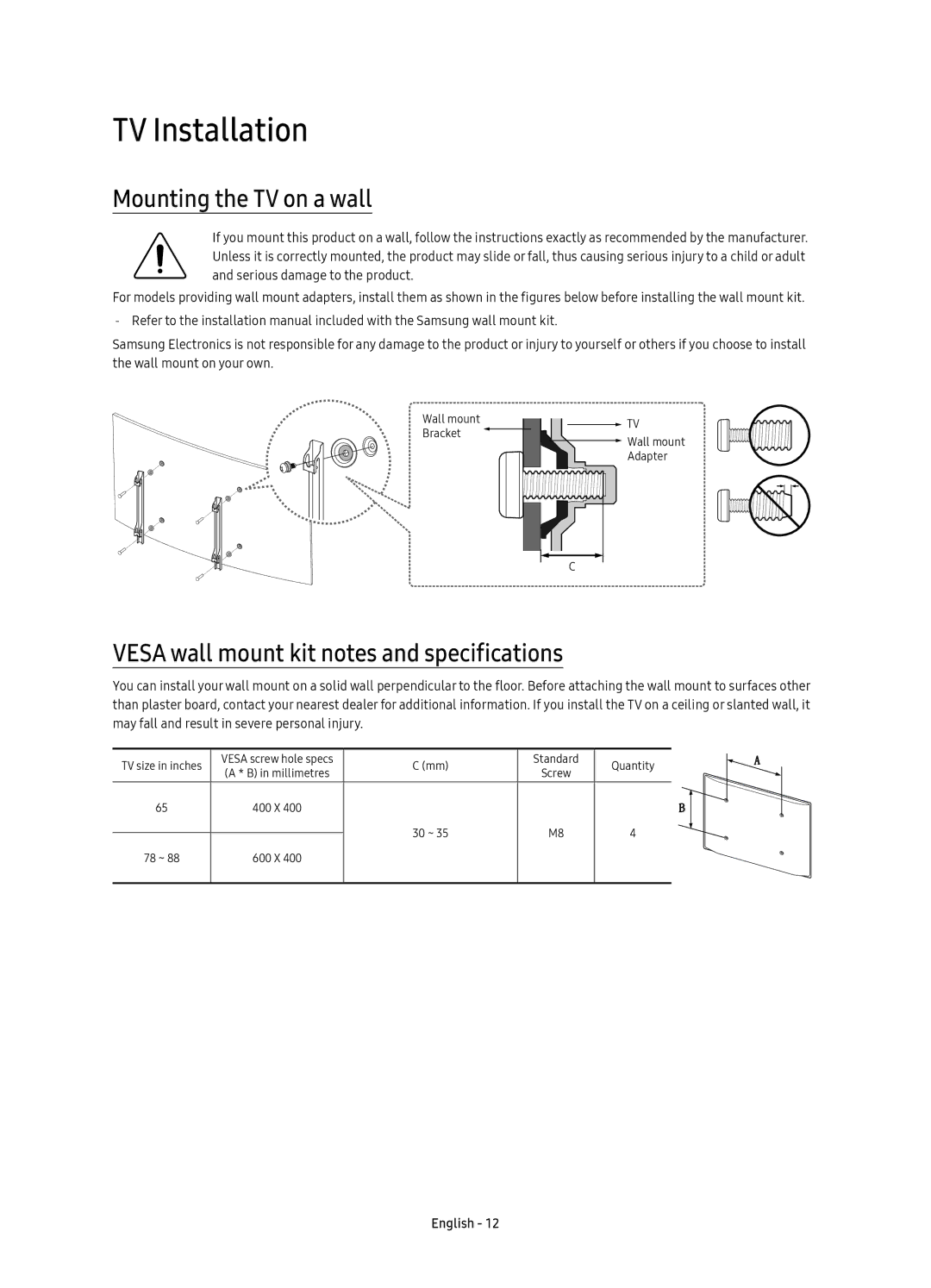 Samsung UE65KS9500LXXH manual TV Installation, Mounting the TV on a wall, Vesa wall mount kit notes and specifications 